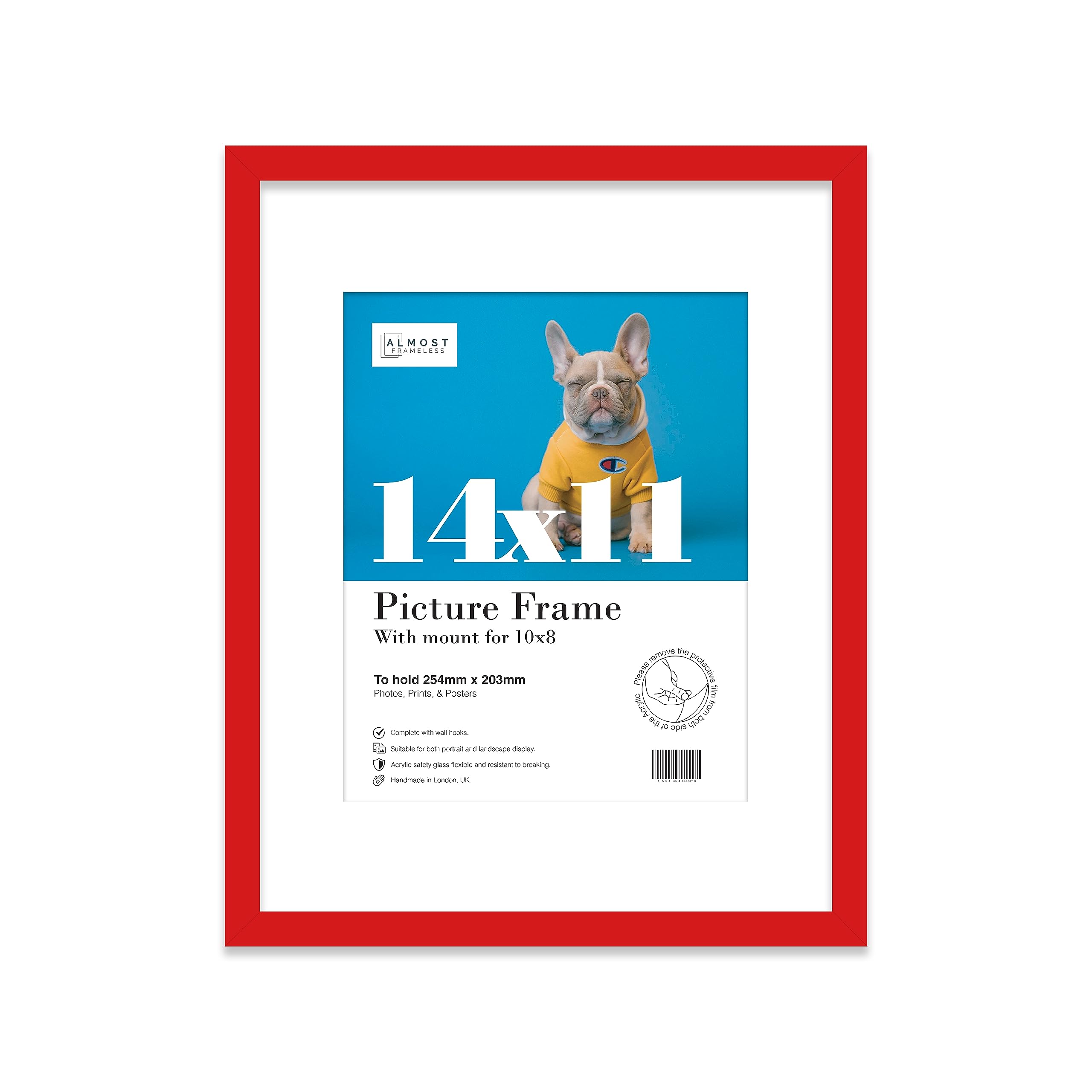 Almost Frameless 14x11 Red Picture Frame With Mount for 10x8 Print, Poster or Photo Poster, Photo, Artwork, or Print. Thin Edge Slim Frame Portrait and Landscape Display with Wall Hooks