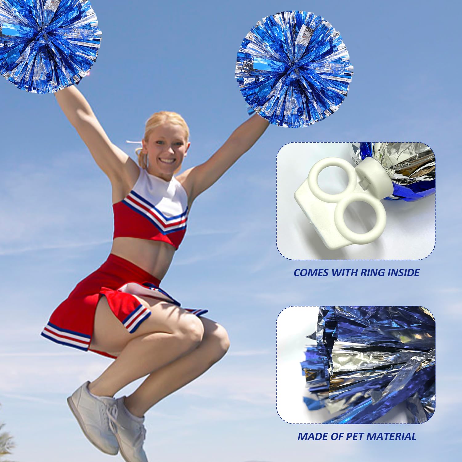 Pompones de animadora azul brillante y plateado, NYGGTYK, para eventos deportivos y competiciones