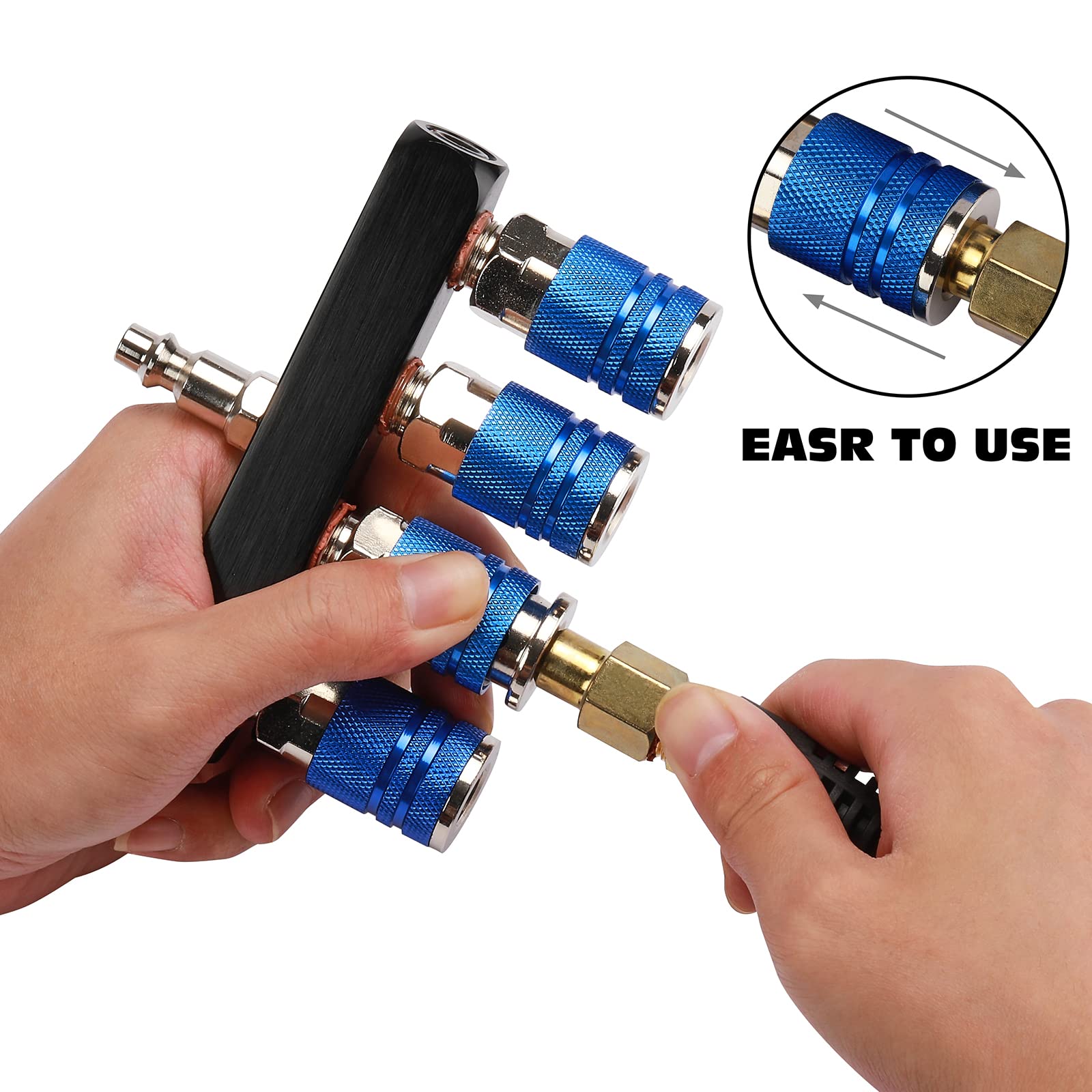2 x gerader 4-Wege-Luftverteiler, Leitungstyp-Luftkompressor-Verteiler mit 4 Kupplungen und 6,35 mm MNPT-Stecker, 1/4 Zoll NPT Luftarmaturen, Rot und Blau, 2 Stück
