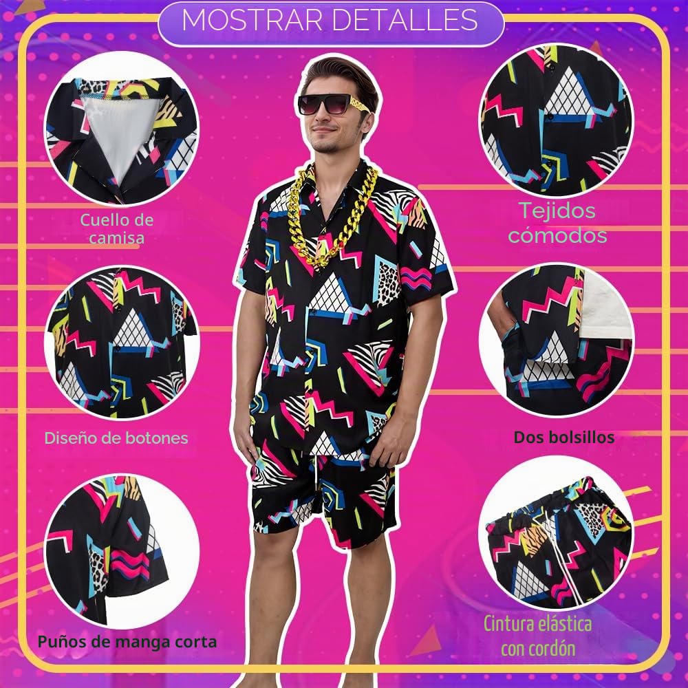 Disfraz de los años 80 y 90 para hombre, disfraz de concha de los años 80 y 90, conjunto de camisetas y pantalones cortos de hip-hop, ropa deportiva, discoteca, disfraces de carnaval