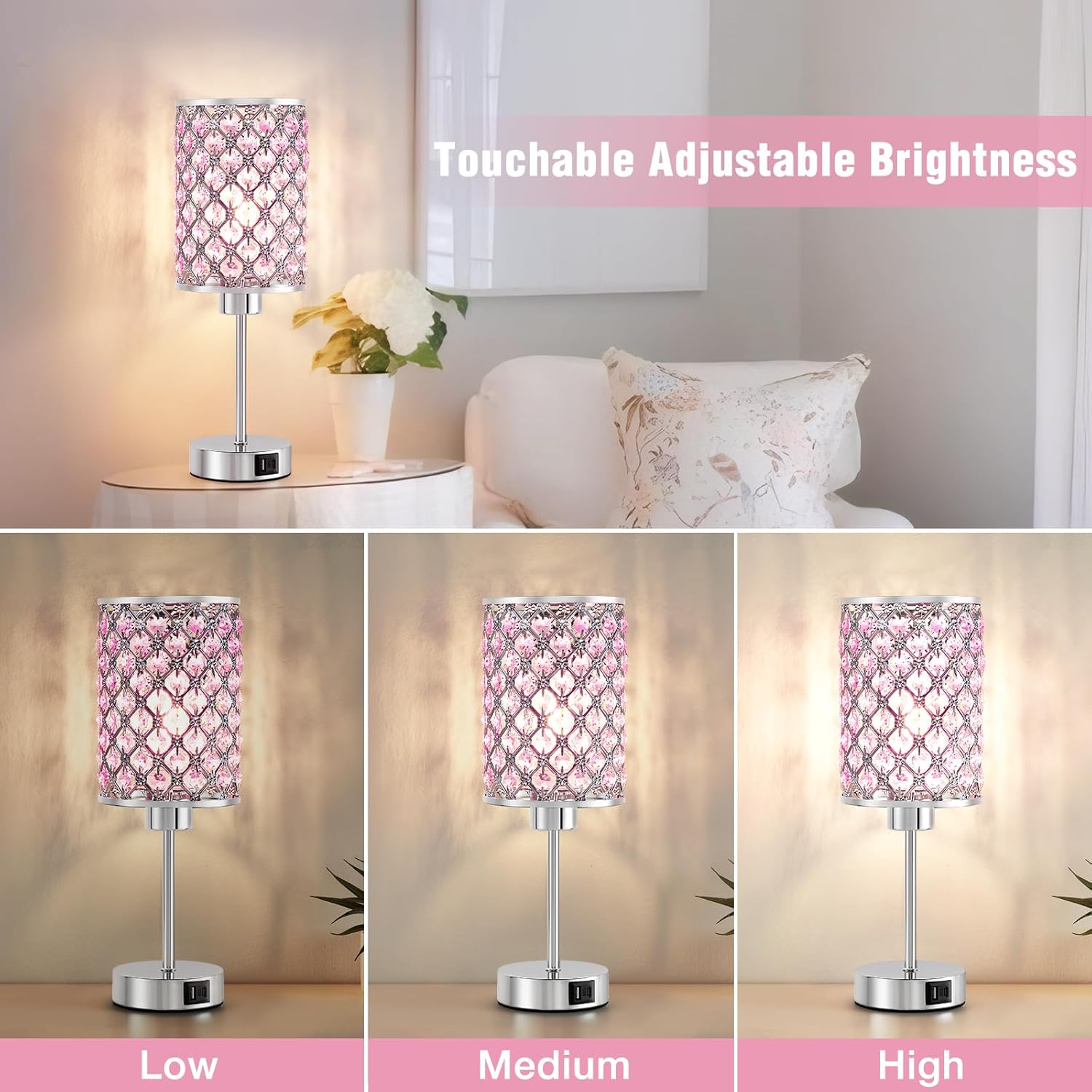 GyroVu Crystal Table Lamp, Pink Touch Lamp with USB C+A Ports, Dimmable Lamp with Crystal Shade, Bedside Lamp Small Lamp for Girl Bedroom, Living Room(Buld Included)