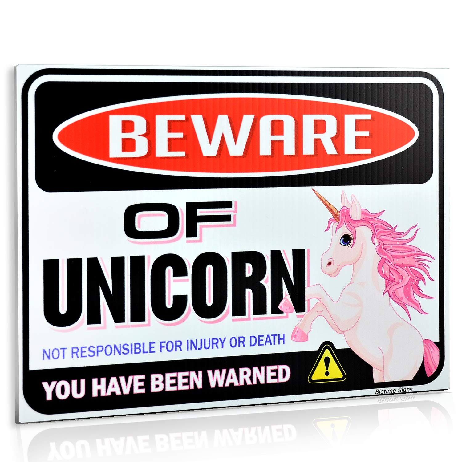 Bigtime Signs Beware of Unicorn Warning Sign - Novelty No Trespassing Plate for Playhouse, Door, Room, Office Indoor or Outdoor Decor, 4mm Corrugated Plastic Magical Creatures Fans 9x12 Inch