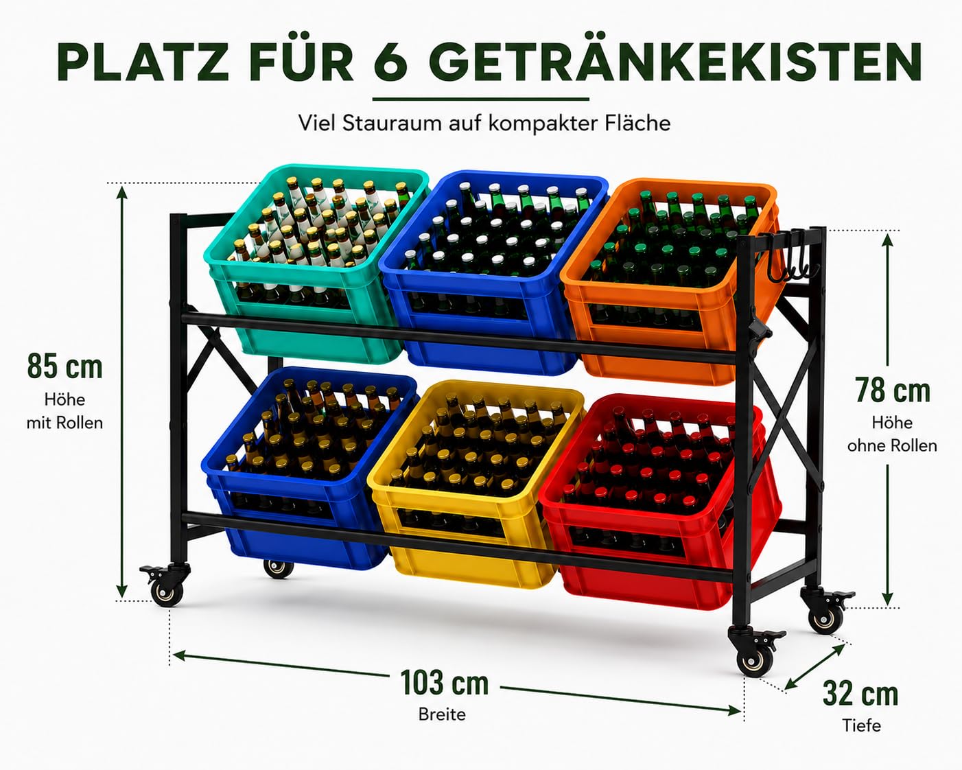 Getränkekistenregal für 6 Kisten mit Rollen – Extrem Stabiles Metallregal, 250kg Tragkraft – Wasserkistenregal & Bierkistenregal für Küche, Keller & Speisekammer