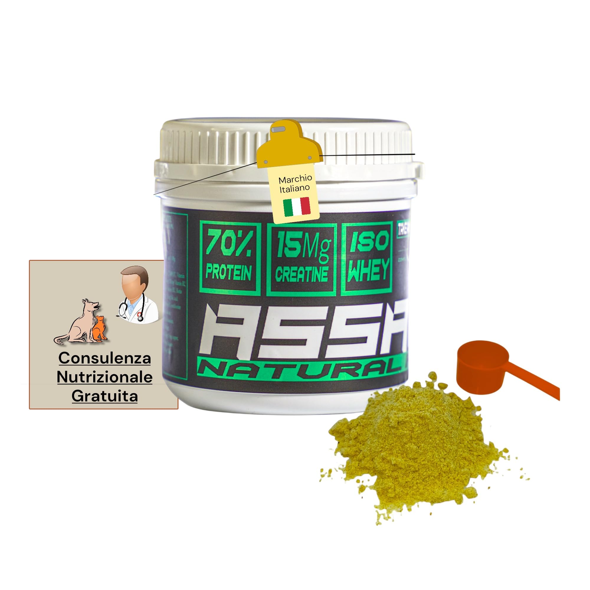 Assault Natural Powder 250 Integratore Muscolare per Cani, Proteine del Siero Concentrate W.P.C. 80%, Aminoacidi, B.C.A.A., Creatina 15.000mg, Crescita e Definizione Muscolare, Polvere
