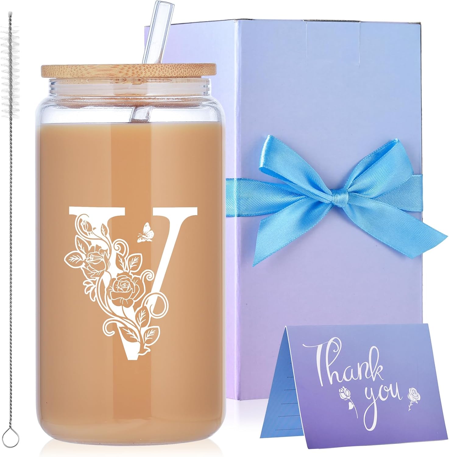Initial Glass Cups with Lids and Straws, Monogrammed Gifts for Women, 16oz Beer Glass Tumbler, Iced Coffee Mug, Personalized Gift with Box and Card. Employee Appreciation Gifts Birthday Gift for Her V
