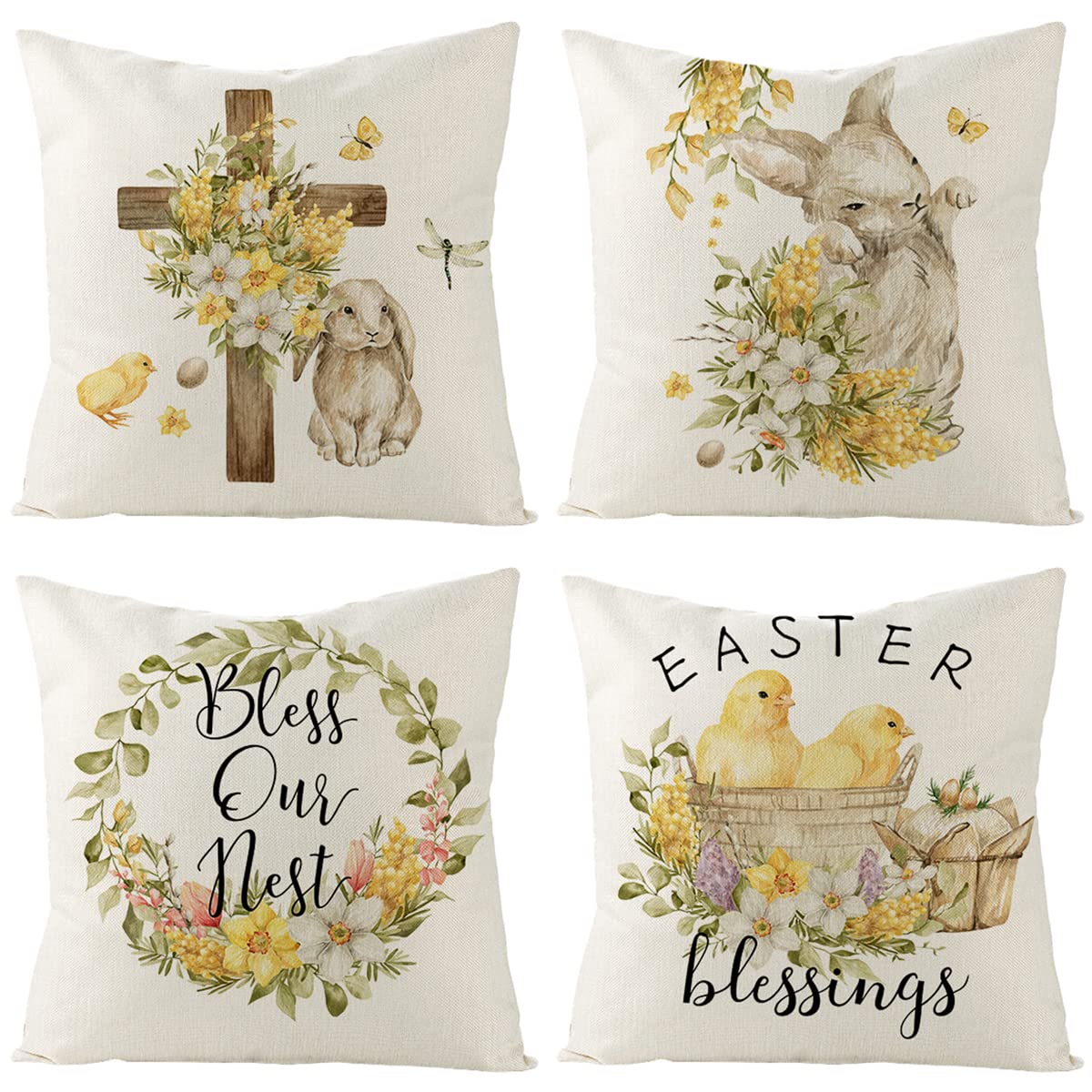 UBINGEaster Pillow Covers 18x 18, Spring Rustic Farmhouse Decorative Throw Pillow Covers, Easter Bunny Wreath Basket Pillowcases for Home Sofa Couch Cushion Holiday Spring Party Decoration, Set of 4