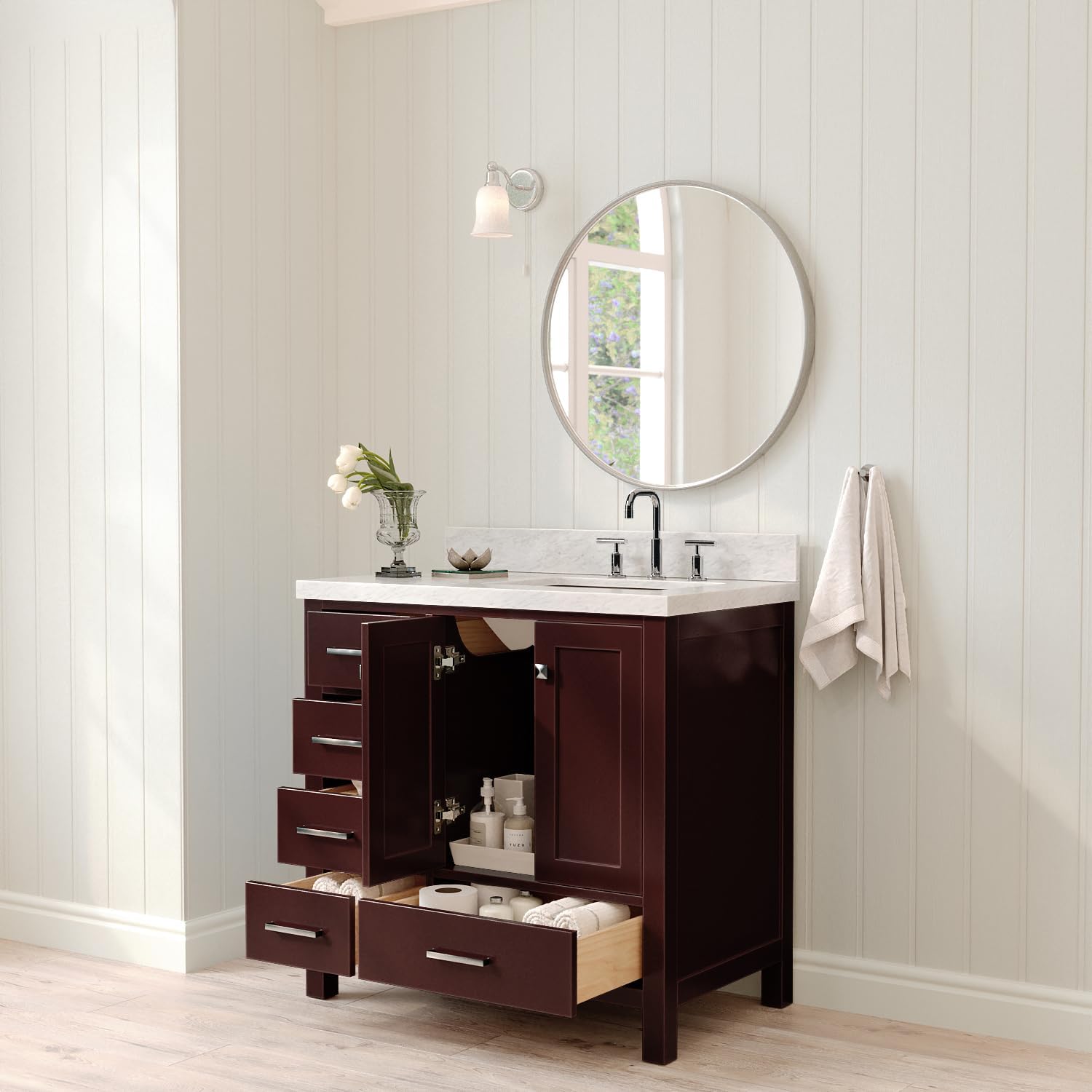 ARIEL Cambridge 36-inch Bathroom Vanity with Sink,Solid Wood, 1.5-inch Italian Carrara Marble Countertop, Single Rectangular Porcelain Sink, 2 Soft Closing Doors, 5 Dovetail Drawers, Espresso
