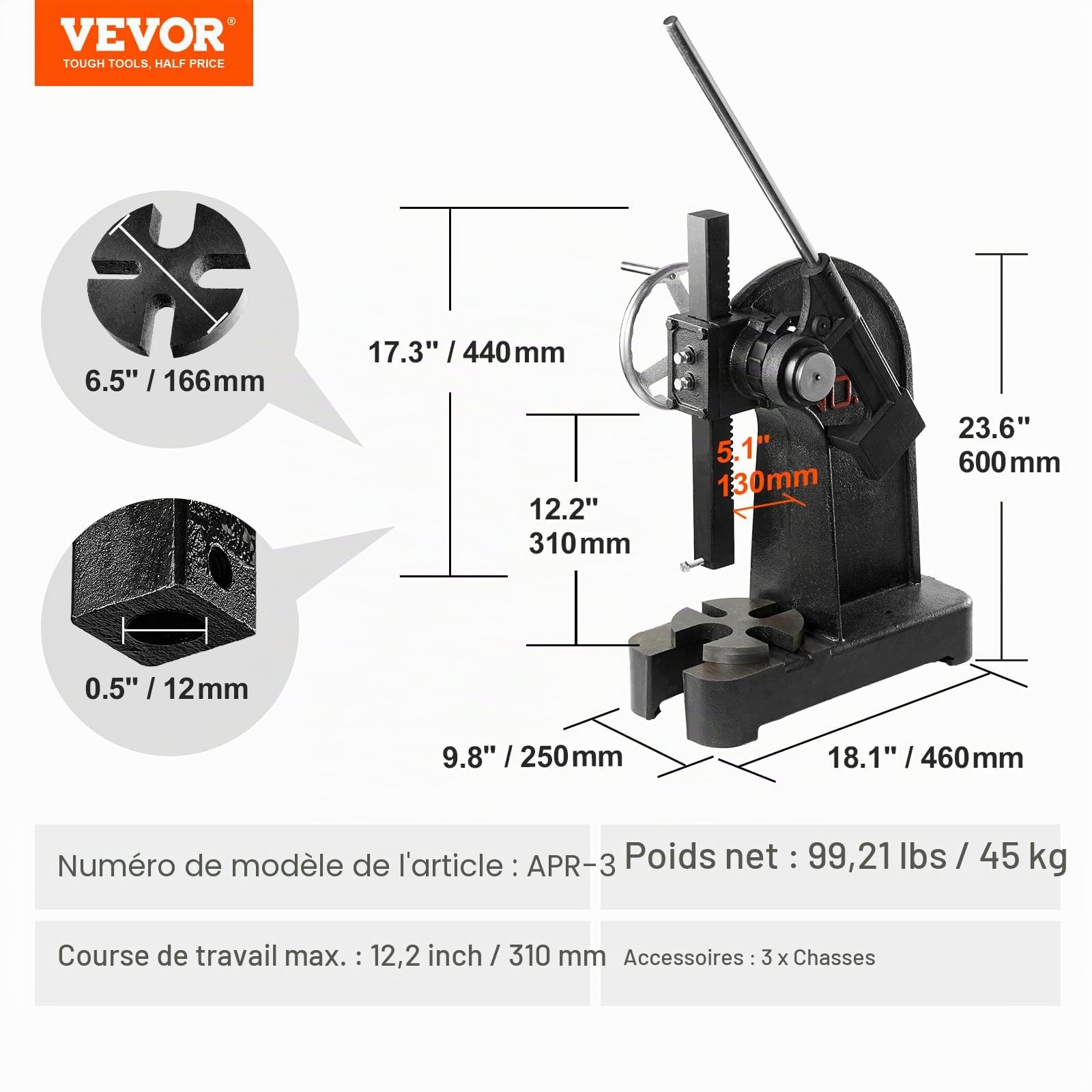 VEVOR Presse à Crémaillère, Presse à Arbre à Cliquet de 3 T, avec Levier et Volant, Hauteur Max. 310 mm, Presse à Poinçonner Manuelle de Bureau en Fonte, pour Estampage, Pliage, Étirement, Formage