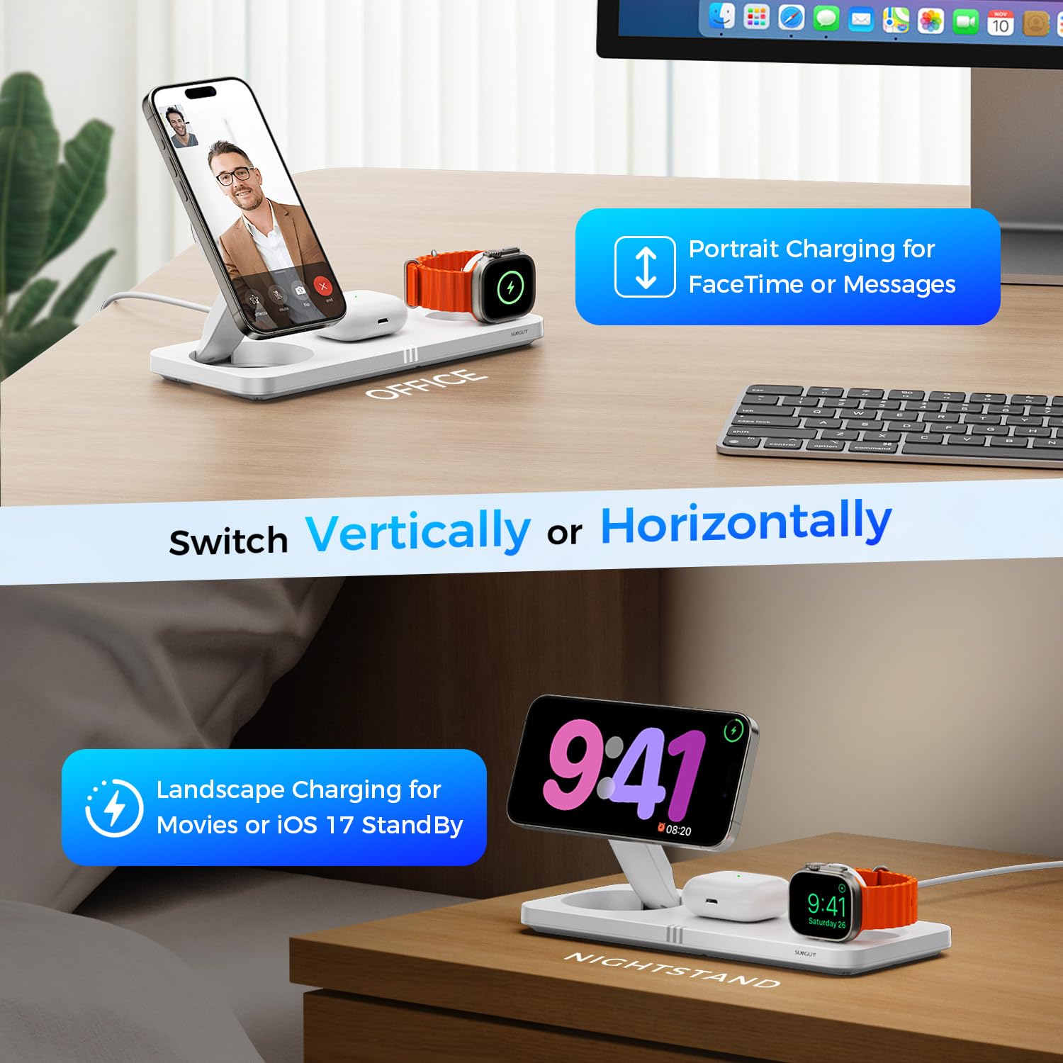 SUNGUY Bezprzewodowa ładowarka 3 w 1, indukcyjna stacja ładująca do Apple Watch i iPhone, przenośna stacja ładująca iPhone Apple Watch Airpods, biała (z zasilaczem USB-C i kablem)