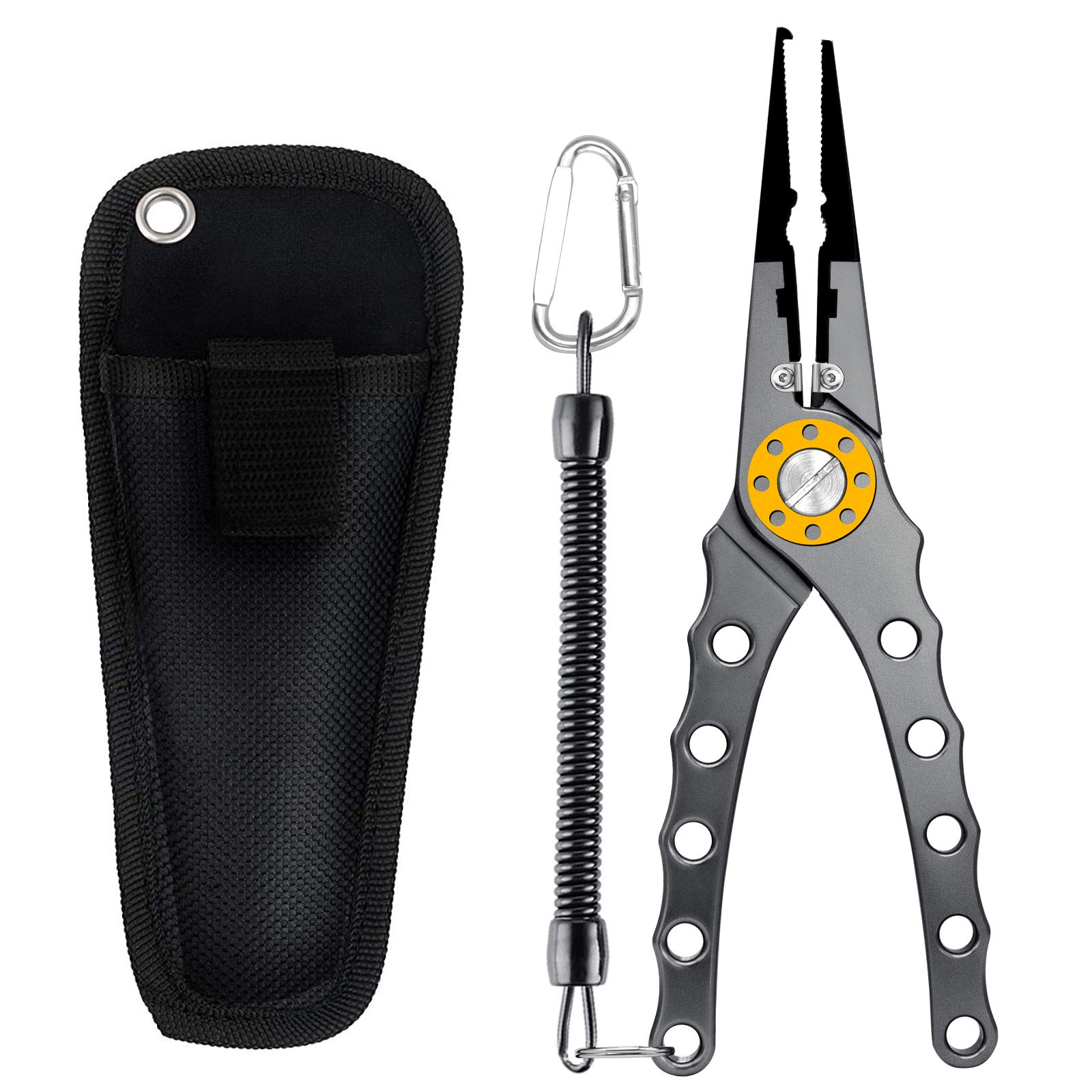 SAN LIKE Aluminum Fishing Pliers - 7in Hook Remover & Braid Cutter - Saltwater Fishing Gear - Corrosion Resistant - Split Ring Pliers with Sheath &