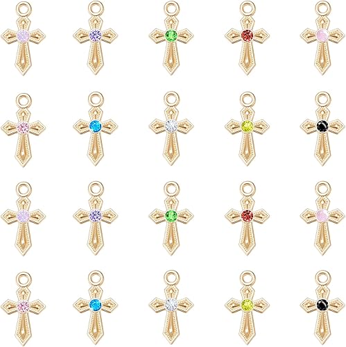 100 cuentas de 10 colores con diamantes de imitación diminutos dijes de cruz de aleación de cristal mini crucifijo para hacer joyas católicas,