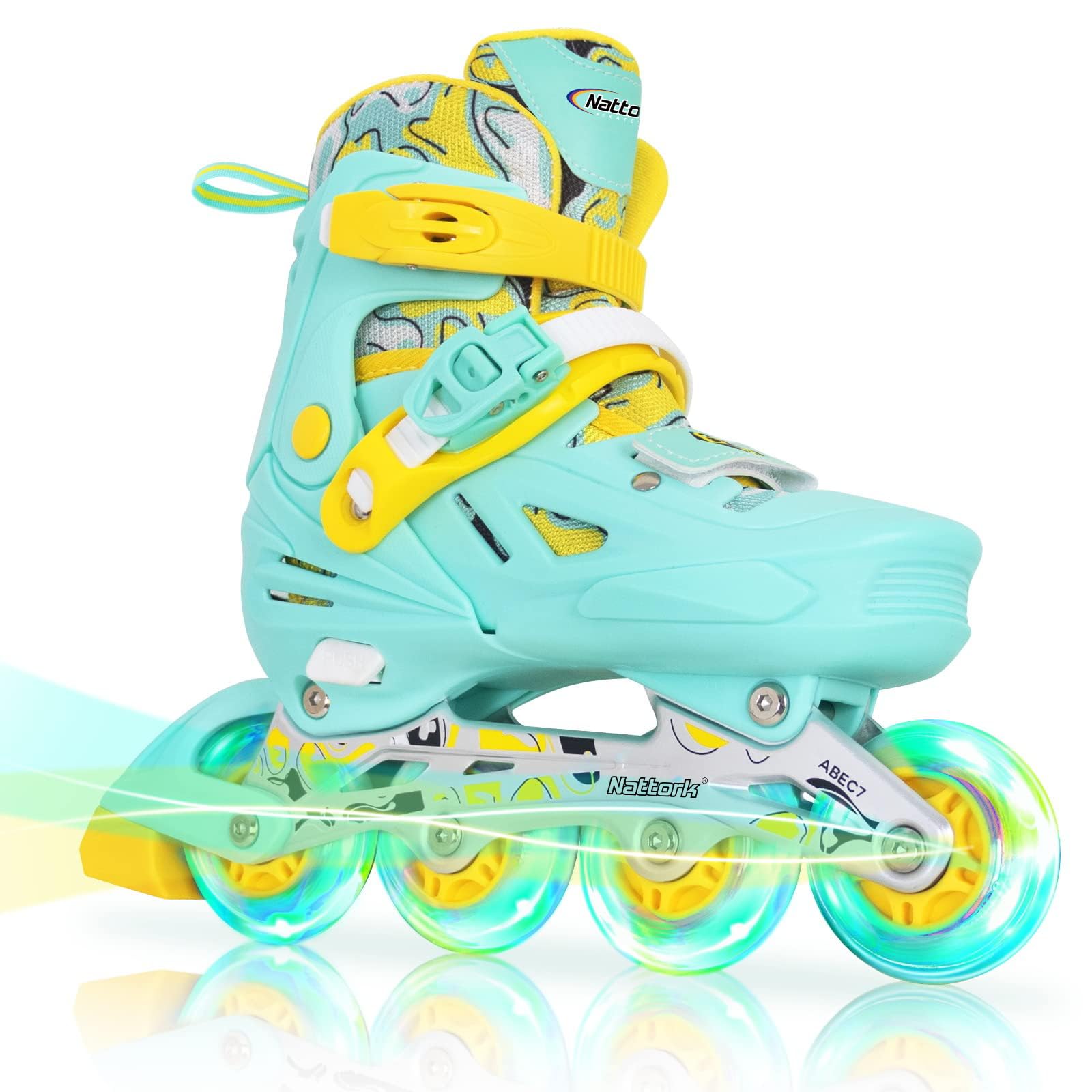 Nattork Inline Skates for Girls and Boys Kids, 4 Sizes Adjustable Inline Skates with Light up Wheels, Illuminating Beginner Roller Skates for Kids & Adult Youth size 31-34