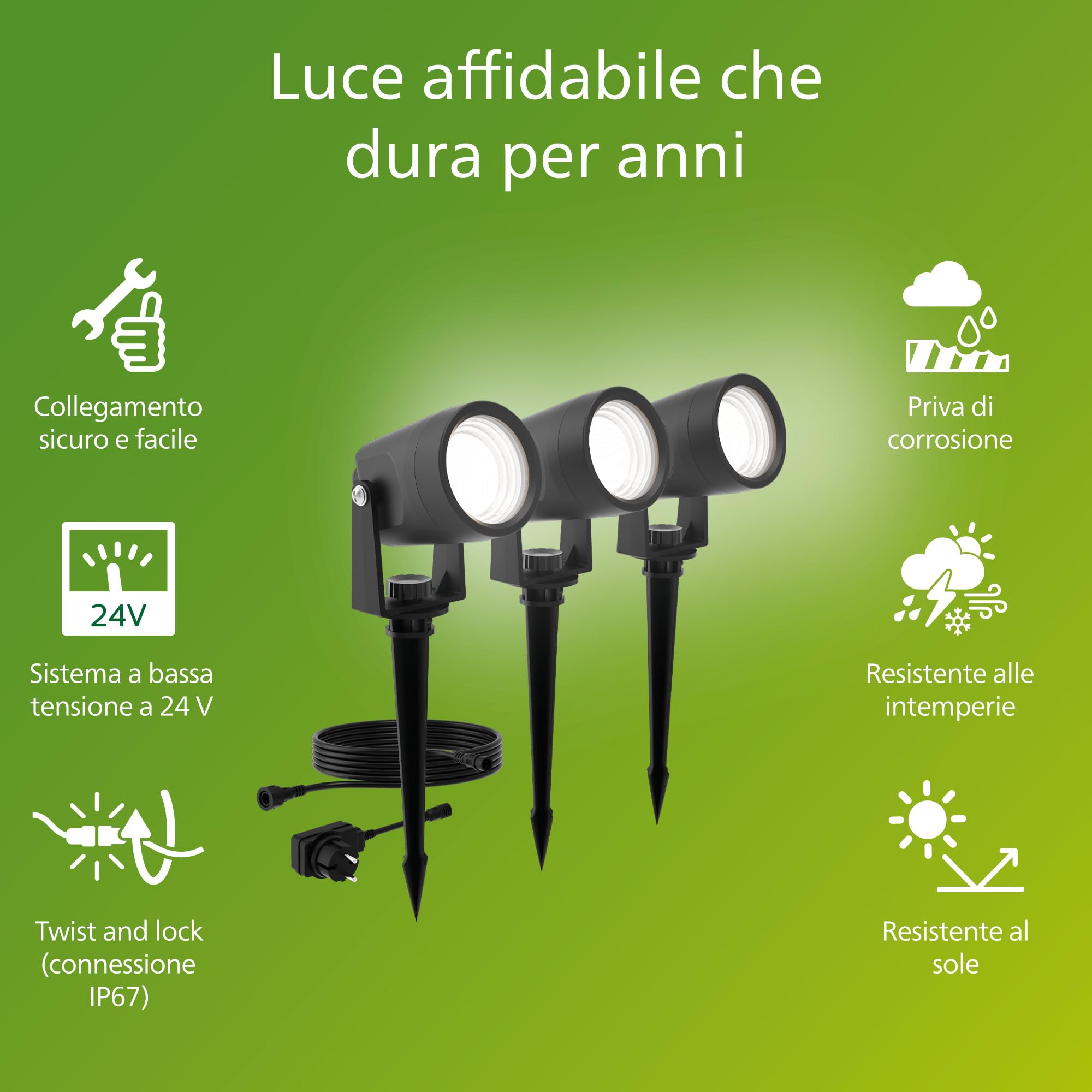 Philips GardenLink Reuel, Faretto per Esterni, 24 V, 2700 K, 180 lm, Nero, Starter Kit, Confezione da 3, presa UE