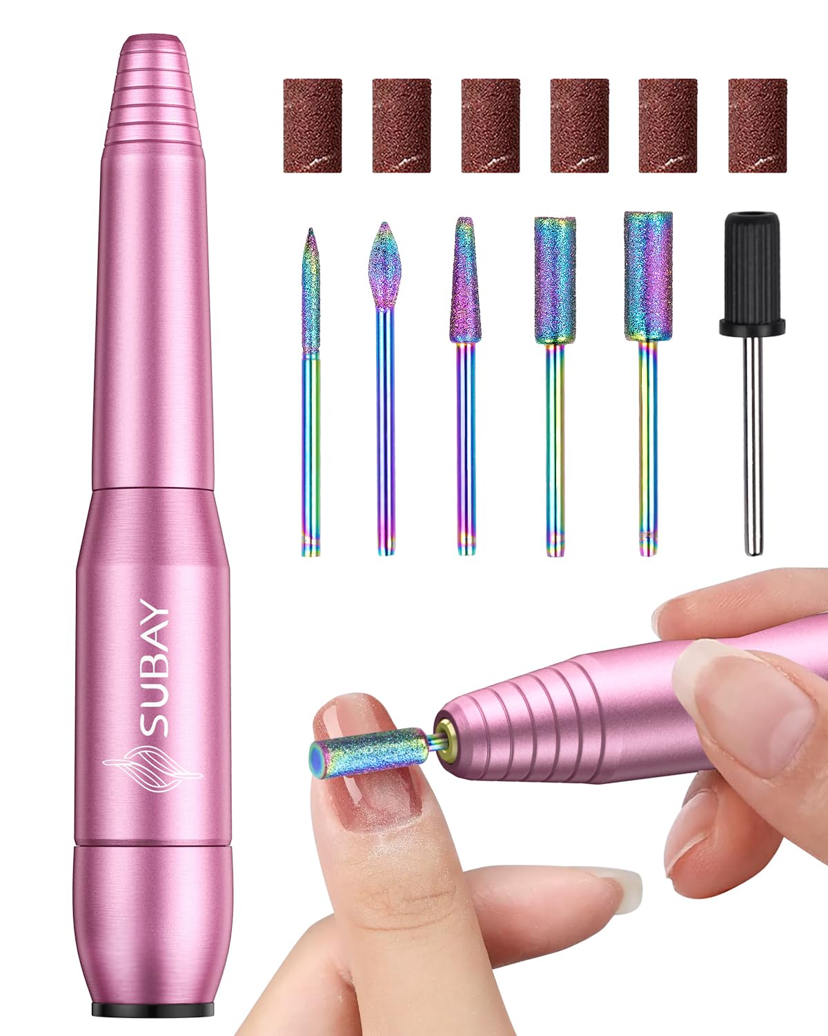 Subay Electric Nail Drill, Portable Electric Nail File for Acrylic Gel Nails, Manicure Pedicure Tool with 6 Bits and 26 Sanding Bands for Home and Salon Use – Pink Subay Electric Nail Drill, Portable Electric Nail File for Acrylic Gel Nails, Manicure Pedicure Tool with 6 Bits and 26 Sanding Bands for Home and Salon Use – Pink