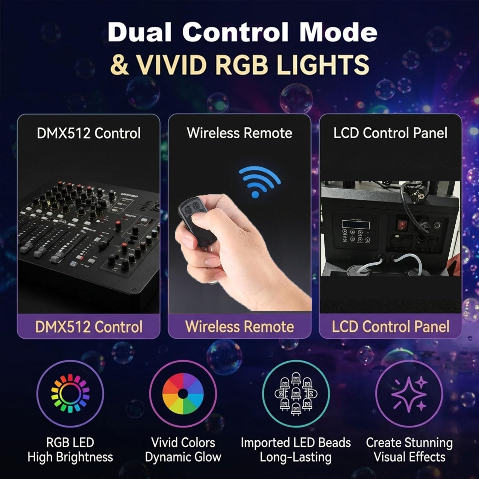 Maszyna do baniek z łącznością DMX512, zintegrowane efekty przeciwmgielne, moc 1200 W, podwójne porty, oświetlenie RGB, szybkie nagrzewanie, szeroki zasięg na imprezy i imprezy
