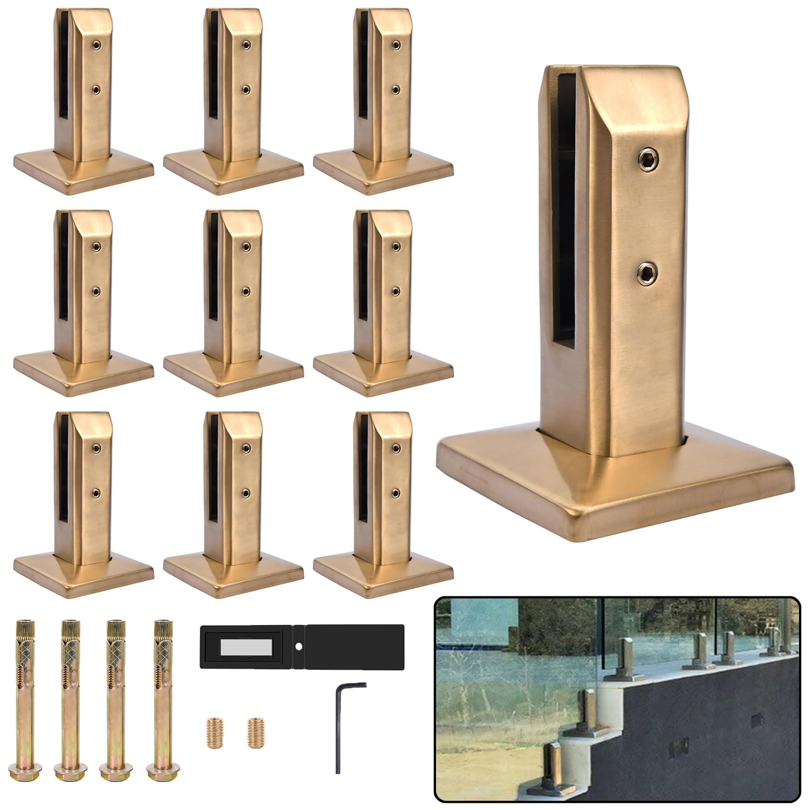 Wytrzymały zacisk montażowy do poręczy ze szkła morskiego, wzmocniony kwadratowy uchwyt szklany do balustrady tarasowej lub balkonu, 200 mm, kolor złoty, zestaw 10 szt.