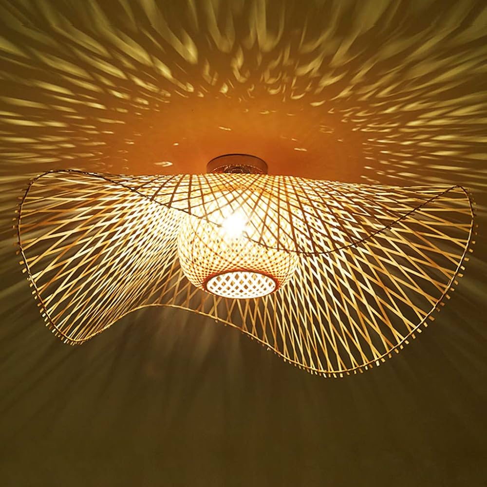 Lustre Plafond Rotin Bambou Vintage - Lumière Naturelle E27 - Suspension 48cm Pour Salon, Chambre, Bar