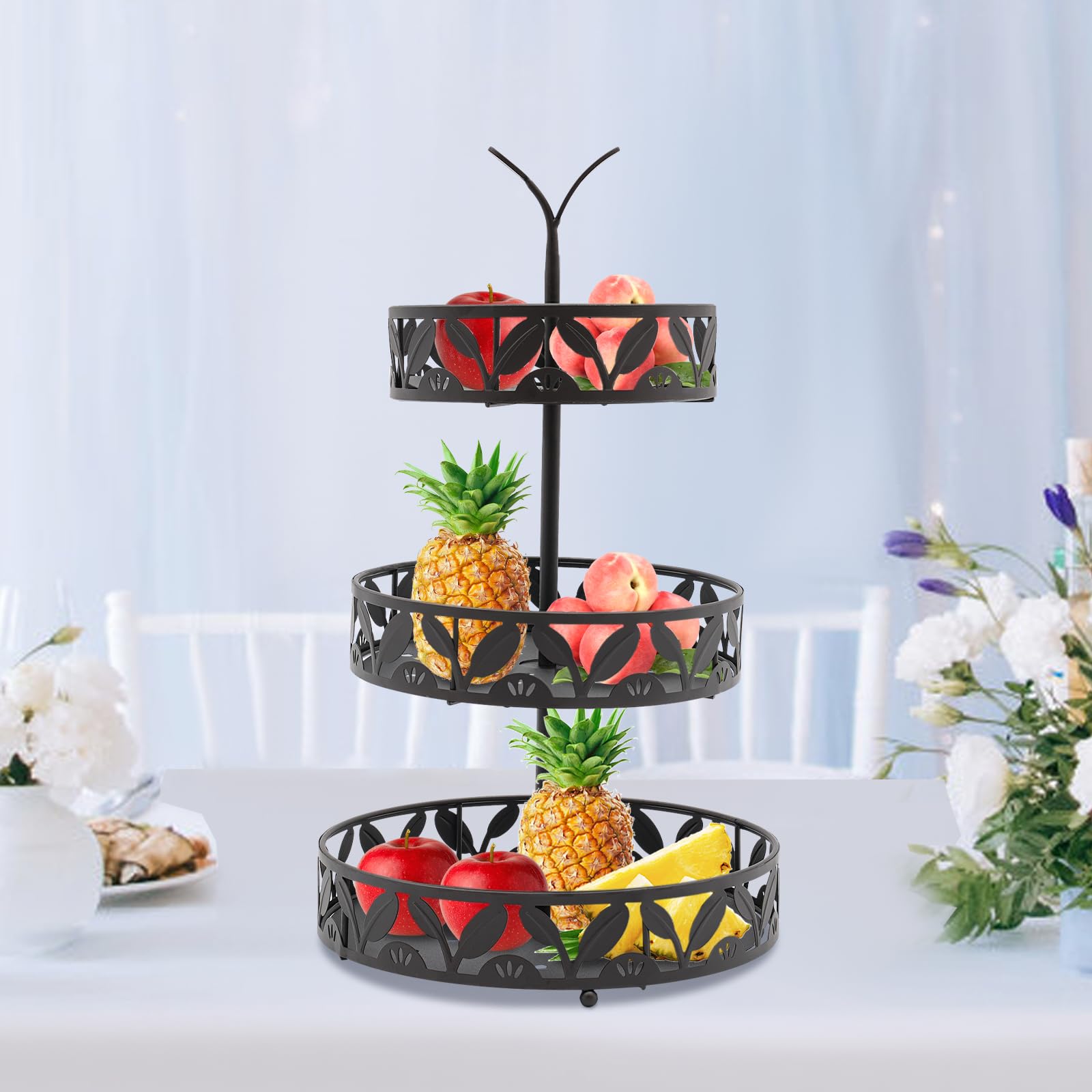 SailorMoon Frutero de 3 niveles, 3 niveles, capacidad de carga de 15 kg, frutero de hierro, práctica cesta de frutas, cesta de verduras para fiestas, bodas y uso en la cocina, color negro