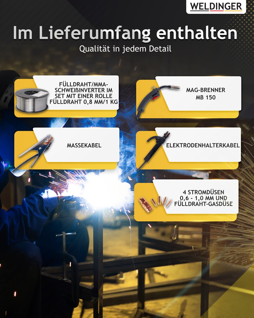 WELDINGER ME 130 mini Flux Fülldrahtschweißgerät + 1 kg Fülldraht + Fülldraht-Gasdüse + Stromdüsen MMA Lift-WIG abnehmbares Schlauchpaket 5 Jahre Garantie