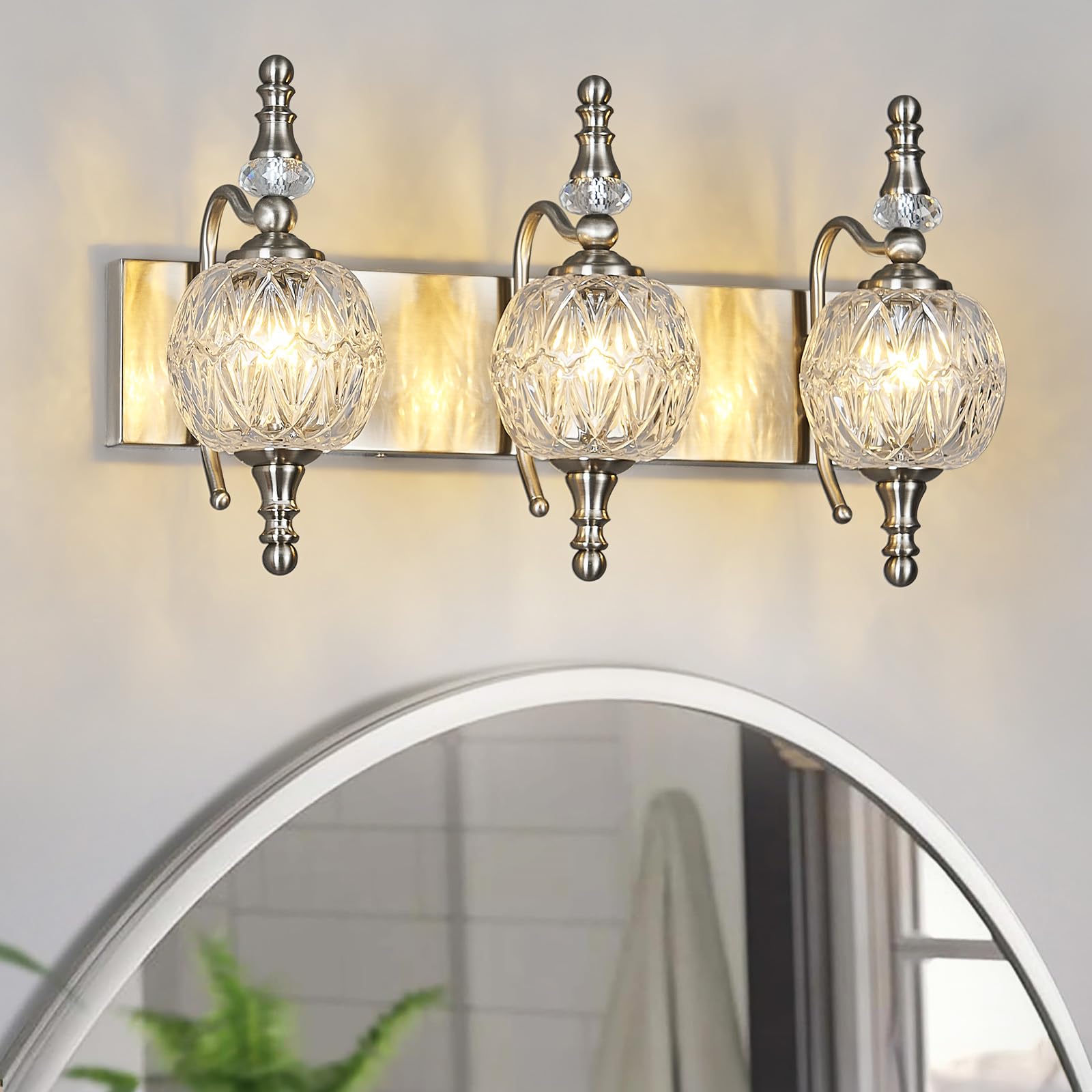 LBSQJ Modern Crystal Bathroom Vanity Lights Fixtures Over Mirror Brushed Nickel Vintage 3-Lights 20 Inch Bathroom Light Fixtures Glass Crystal Vanity