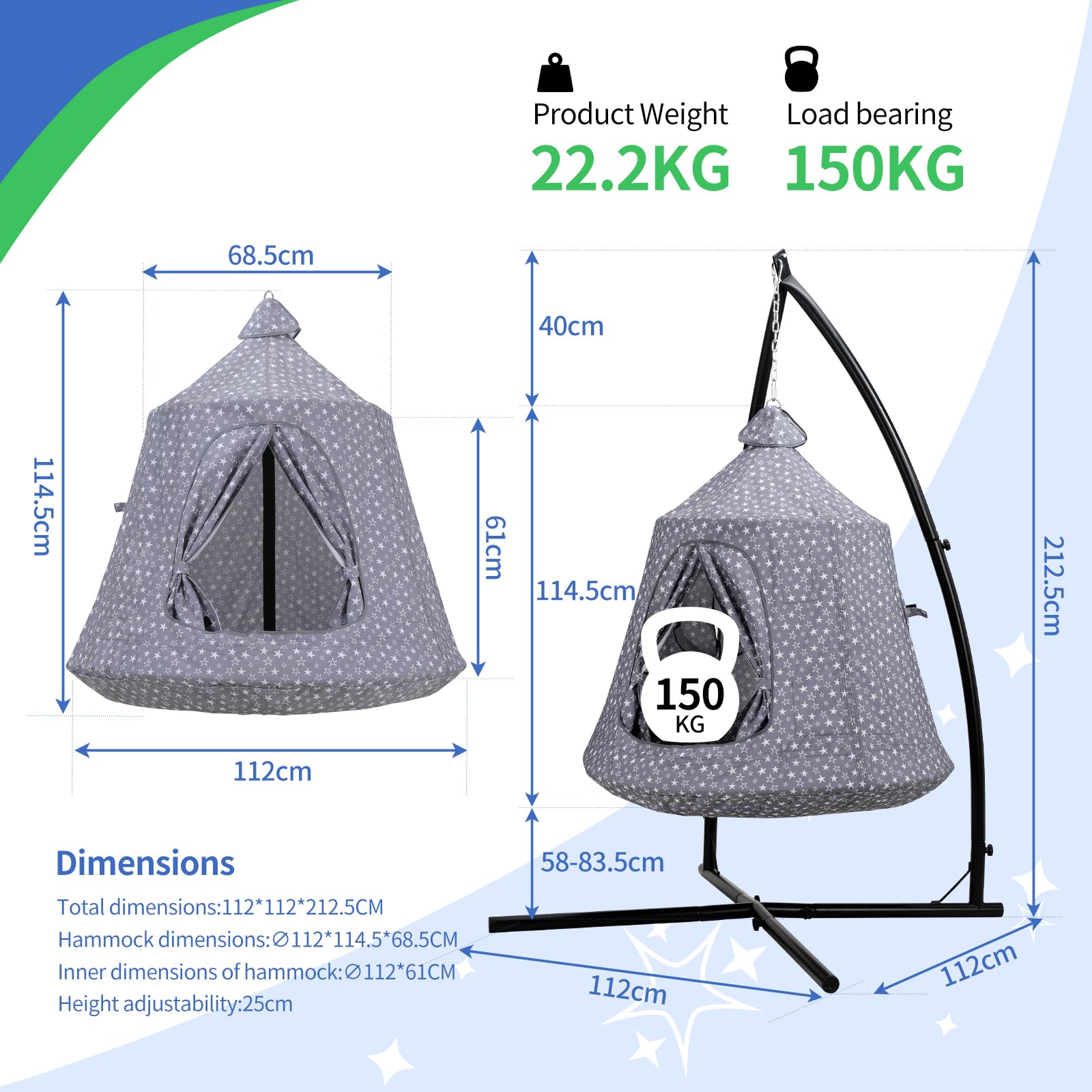 MAMIZO Hängesessel mit Gestell Outdoor&Indoor,150kg Hängehöhle,213×112×112cm Hängematte,Hänge Spielzelt,Schaukel Garten,Camping Hängezelt,int LED-Leuchten,mit aufblasbarem Kissen
