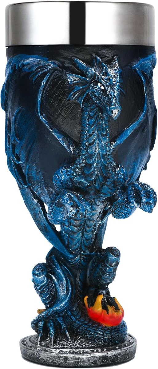 alikiki Medieval Fantasy Blue Dragon Goblet - Dungeons and Dragons Gifts Party Decoration D&D Game Chalice Cup of Thrones Merchandise 7oz Stainless Steel Gothic Drinking Cups