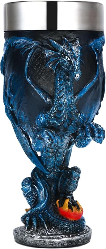 alikiki Medieval Fantasy Blue Dragon Goblet - Dungeons and Dragons Gifts Party Decoration D&D Game Chalice Cup of Thrones Merchandise 7oz Stainless Steel Gothic Drinking Cups
