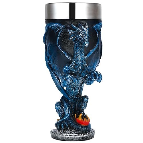 alikiki Medieval Fantasy Blue Dragon Goblet - Dungeons and Dragons Gifts Party Decoration D&D Game Chalice Cup of Thrones Merchandise 7oz Stainless Steel Gothic Drinking Cups