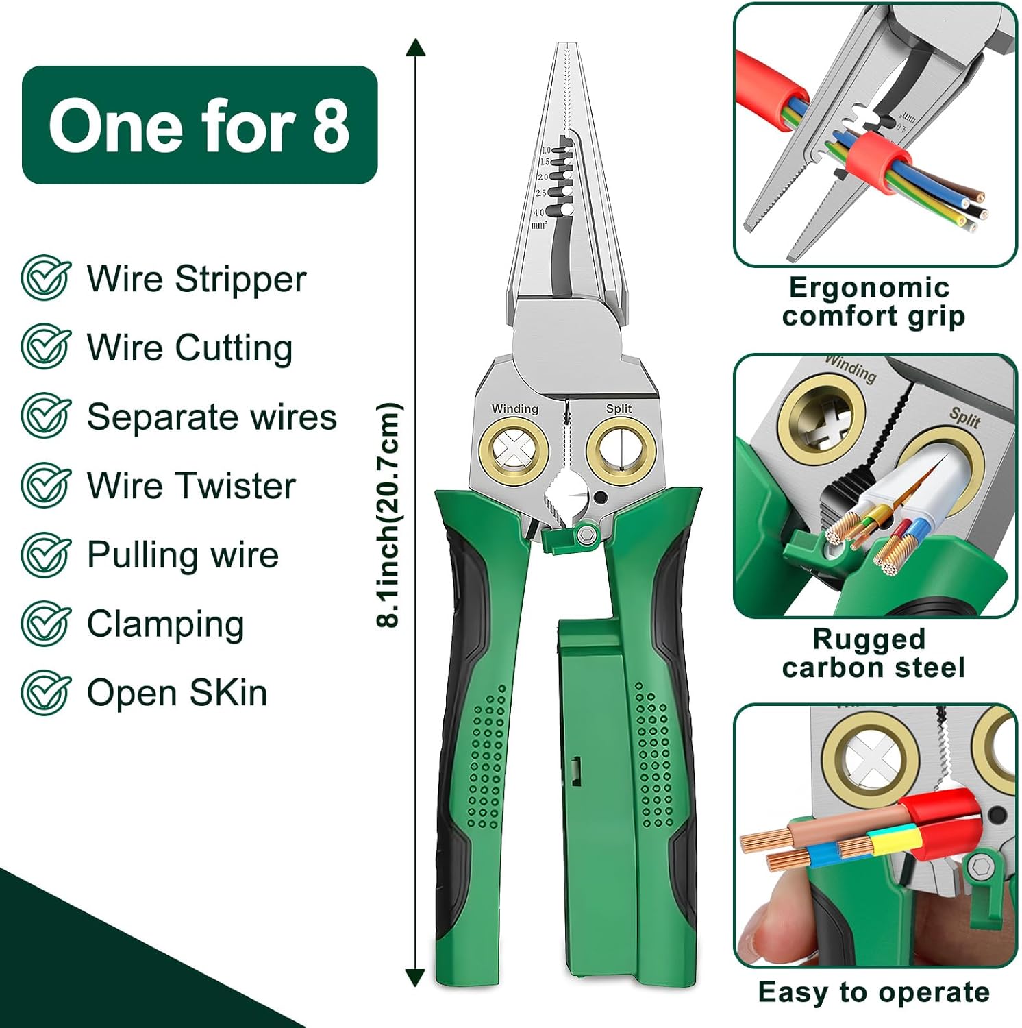 GADO Pro 8-in-1 Wire Stripper/Cutter with Voltage Tester & Dual Alarms - Heavy Duty 12-250V AC/DC Electrical Tester for Hot/Neutral Wires - Electrician, HVAC, Car Repair Tool (Green)