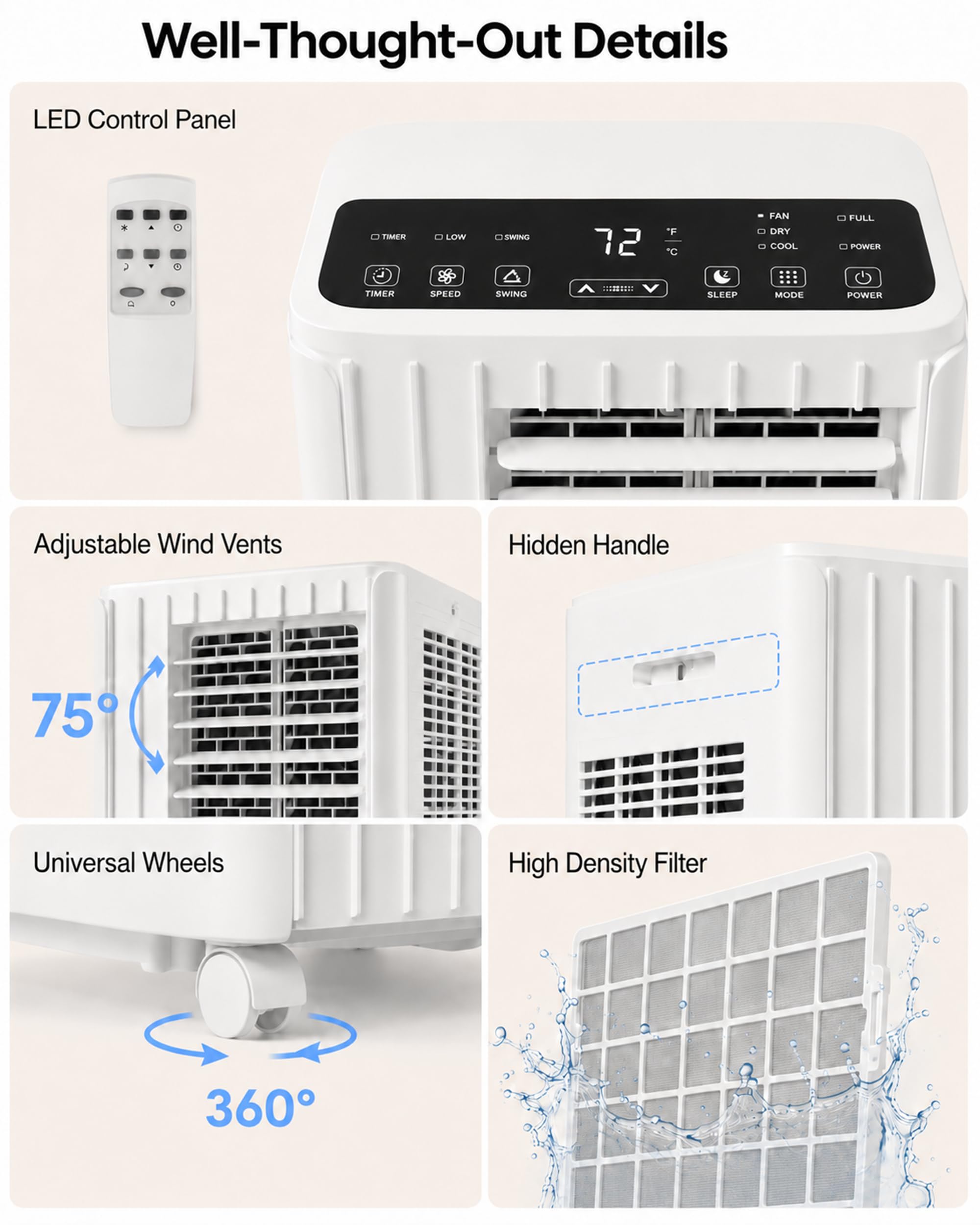 Climatiseur mobile, 8000 BTU, refroidit la pièce jusqu'à 350 mètres carrés, unité AC 3 en 1 avec mode déshumidificateur et ventilateur, télécommande, ultra silencieux 48 dB, blanc et
