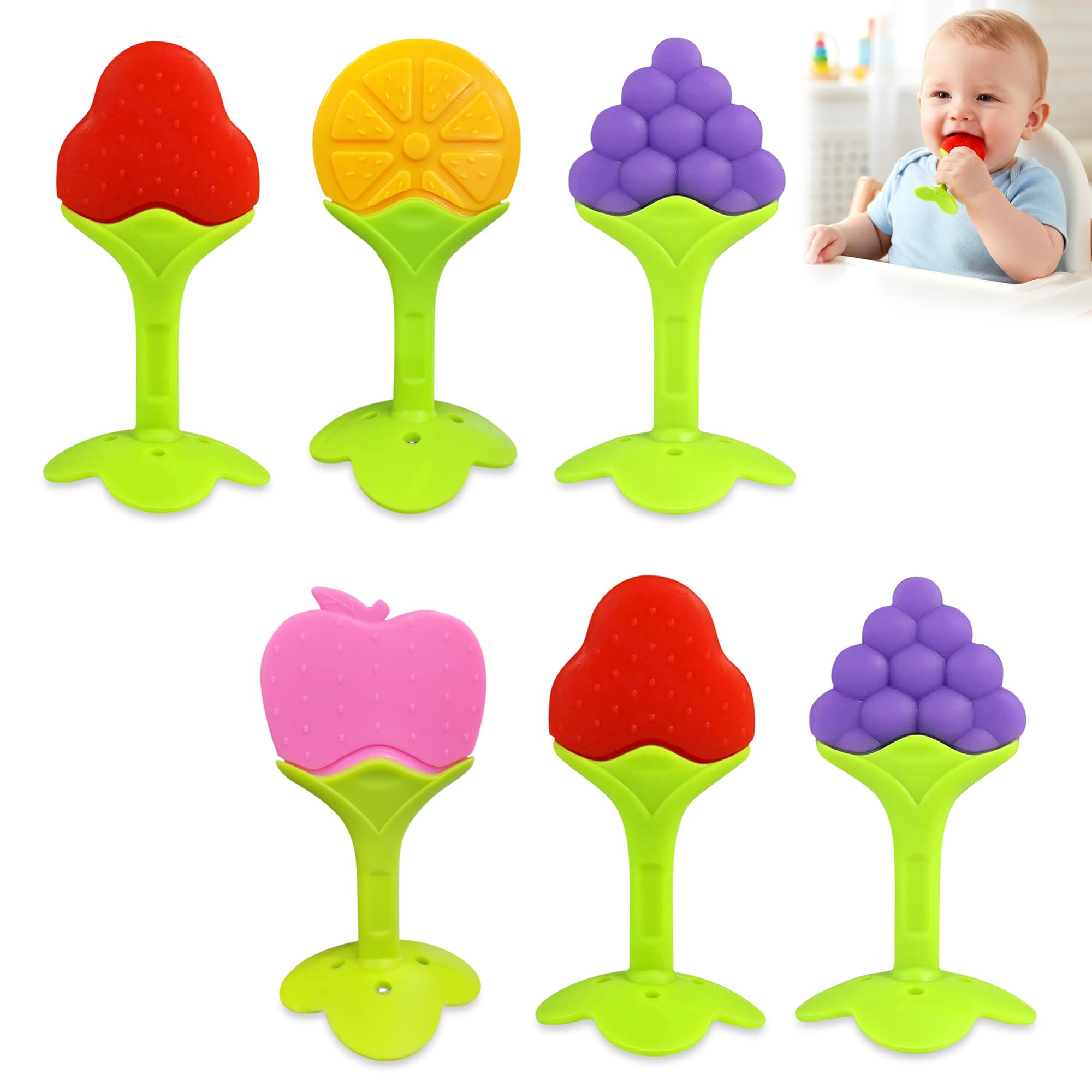 GLUN® 6 Piece Silicone Baby Teething Fruit Shape Toy for 0-12 Months, BPA Free Silicone Soothing Teether Soft & Safe Gum Relief Toy-picture-28