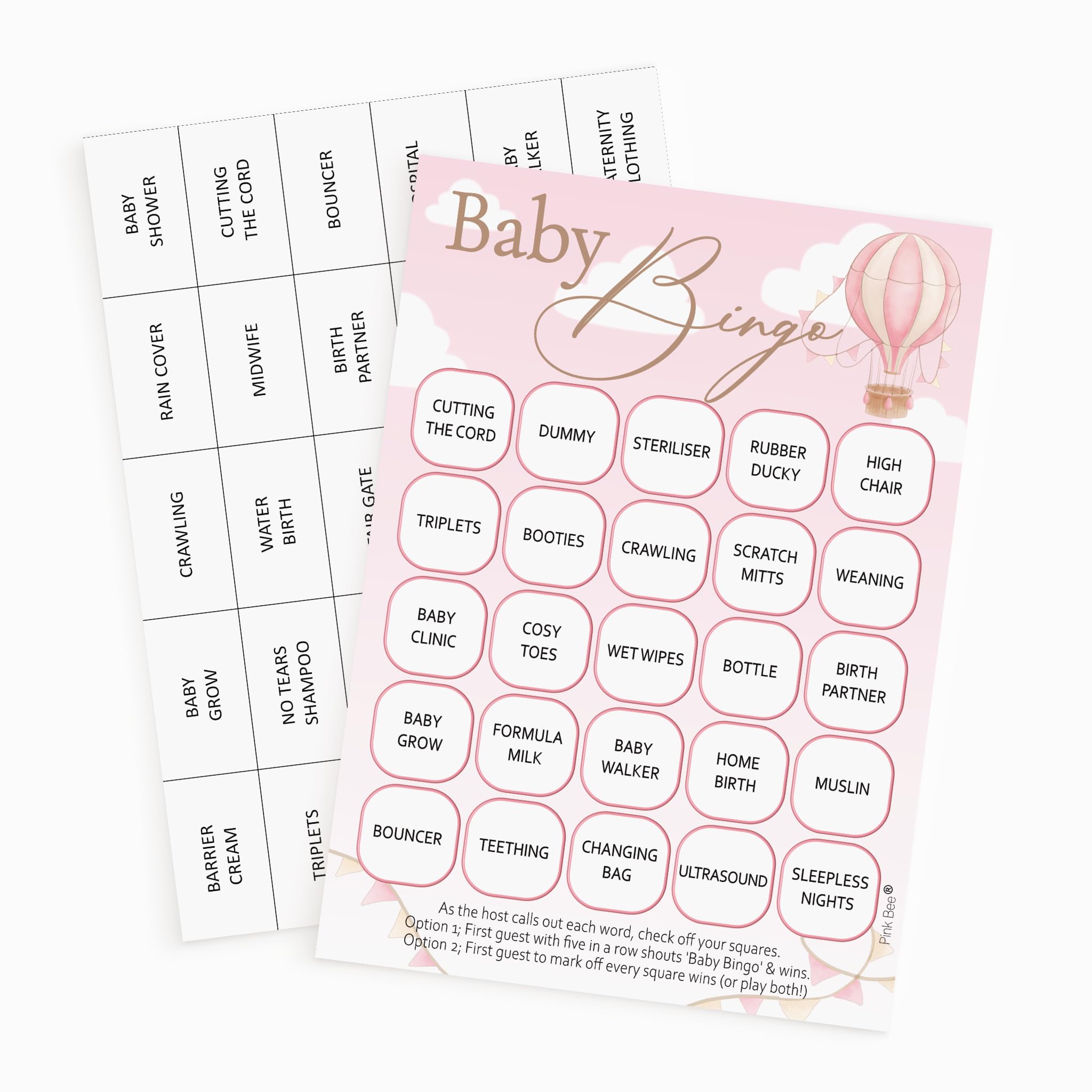 Pink Bee Baby Shower Bingo Game in a Sweet Hot Air Balloon Theme; Up, Up and Away in Pink for Baby Girls. (20 Player)