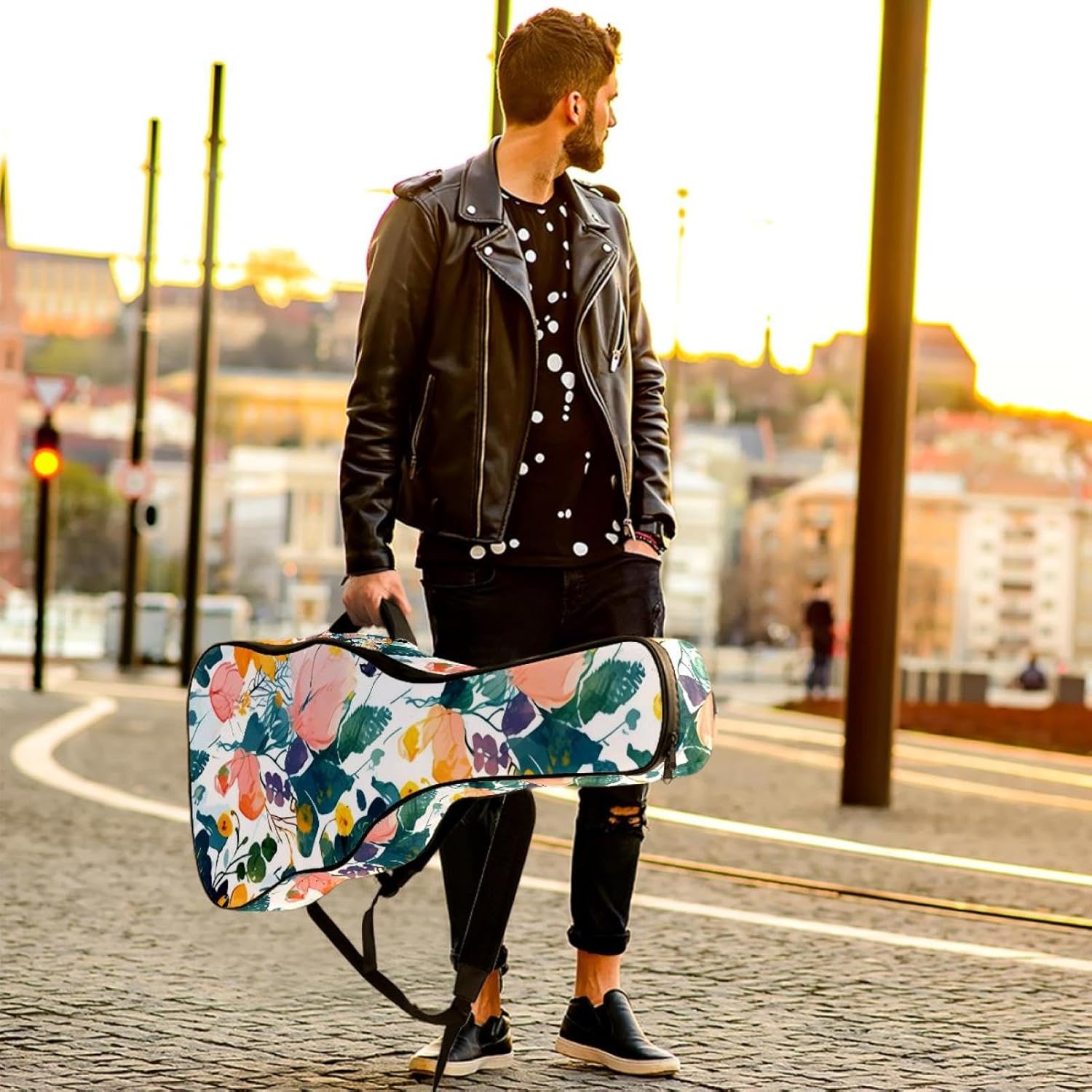 40 41 42 Inch Guitar Bags, Waterproof Padded Acoustic Guitar Case Backpack with Adjustable Shoulder Strap & Pockets, Sunflowers Seamless Pattern