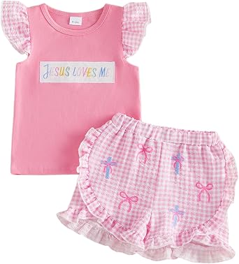 Toddler Baby Girl Easter Outfit Jesus Loves Me Embroidery Flutter Sleeve T-Shirt Seersucker Plaid Shorts Clothes Set