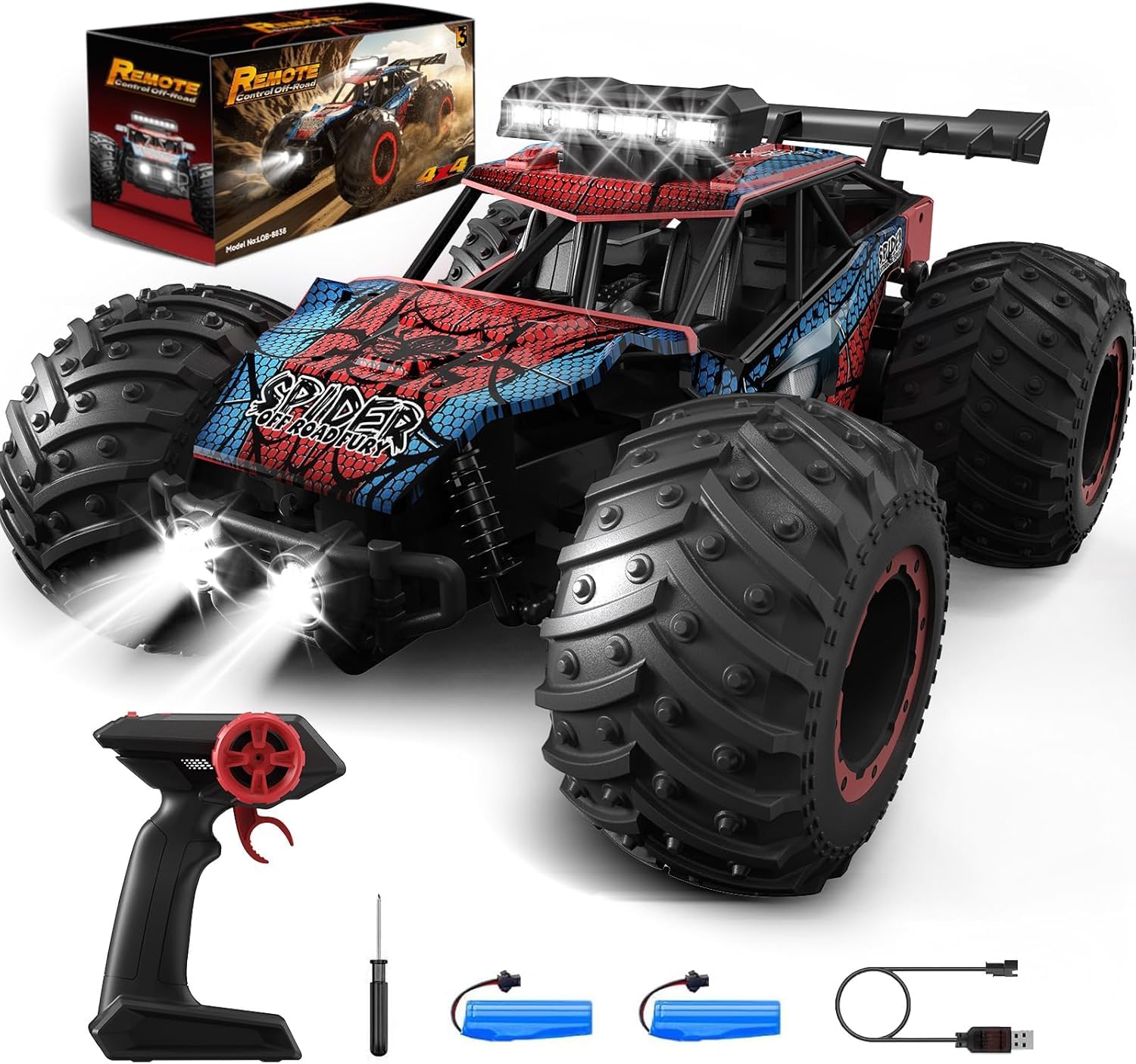 Tecnock Coche Teledirigido 1:20, Camión RC Todoterreno Recargable con LED, 10 km/h, 2,4 GHz, 2 Baterías para 50 Min, Estable y Fácil de Controlar, para Niños y Principiantes