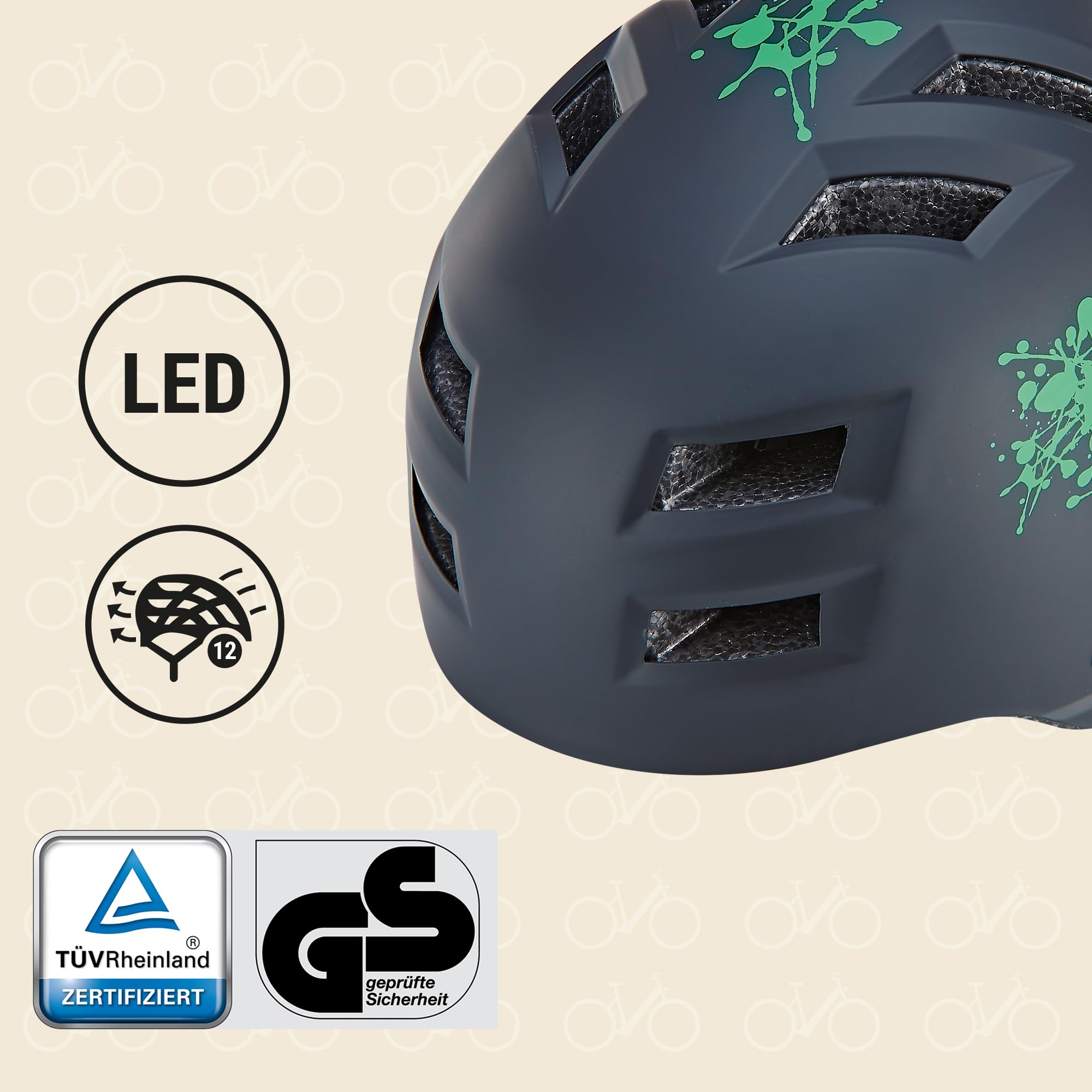 Prophete Fahrradhelm mit LED Licht – Sicherheit & Komfort – Verstellbar 58-61 cm – Schwarz/Grün – Stoßfest & Belüftet – Ideal für Skater & Radfahrer Sport & Freizeit