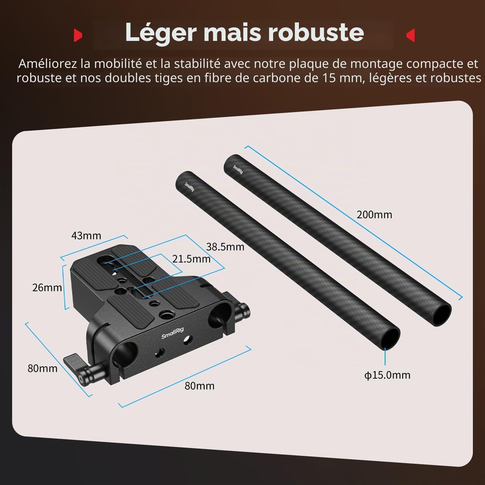 SMALLRIG Kit de Plaque de Base pour Appareil Photo avec Pince pour Rail LWS 15 mm, Tiges en Fibre de Carbone 15 mm (8'' / 20 cm), pour Sony A6500, pour Canon R5, R6, pour Sony A7SIII / A7III - 5609