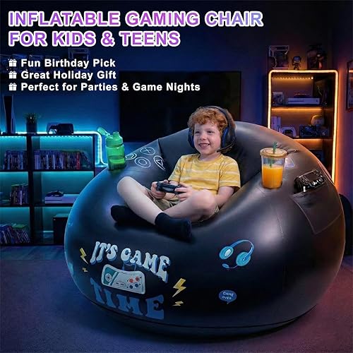 Miniatura 4 de Silla inflable para juegos para niños y adolescentes con portavasos y bolsillo lateral, puf inflable para juegos, cómodo asiento inflable para