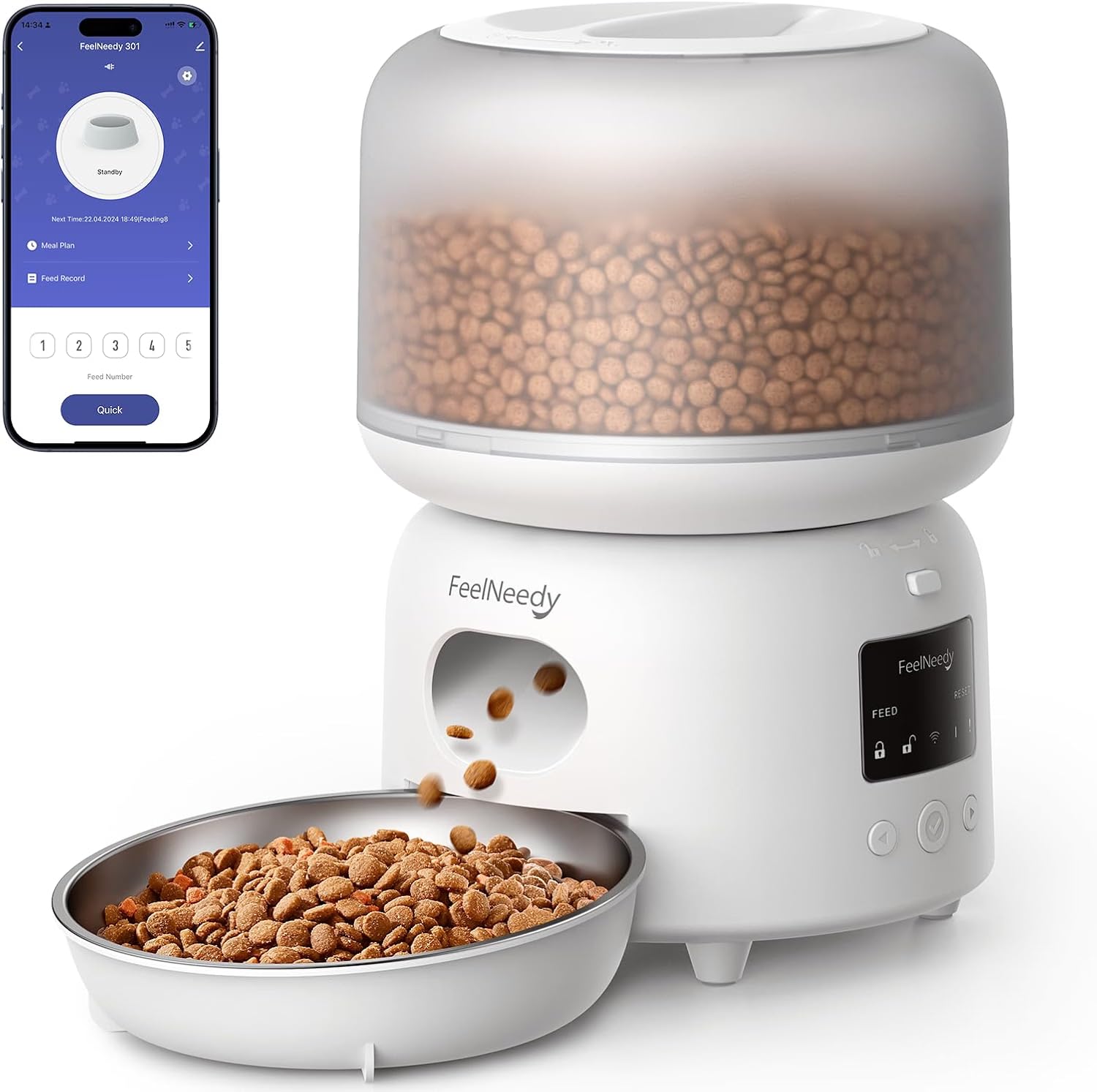 FEELNEEDY Futterautomat für Katze mit APP, 2.4G WiFi Katze Futterautomat, Bis zu 10 Mahlzeiten pro Tag, Warnungen bei Lebensmittelstau und niedrigem Batteriestand, Katzennapf aus Edelstahl, 3L