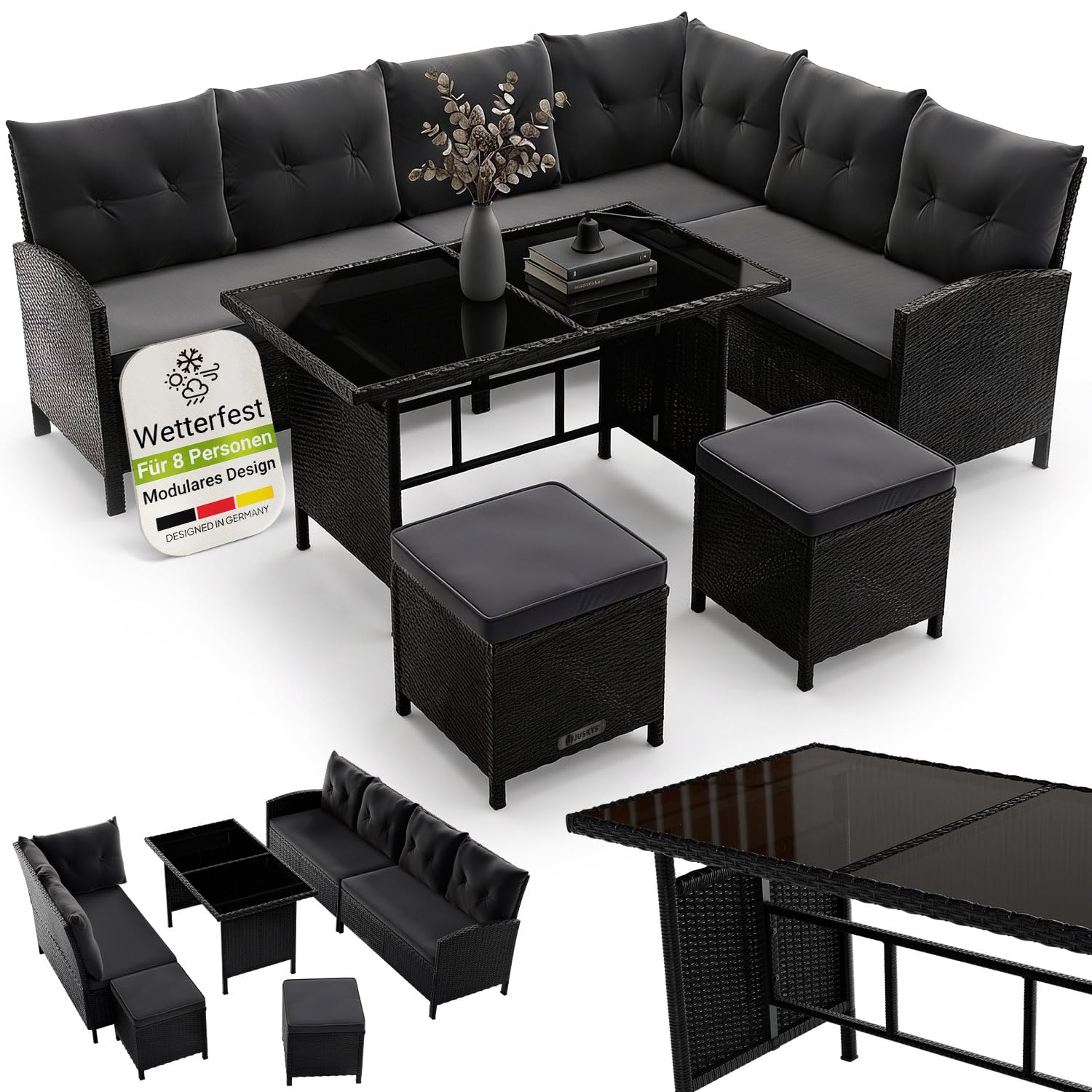 Juskys Polyrattan Lounge Manacor: Ecksofa, Esstisch, 2 Hocker & Kissen