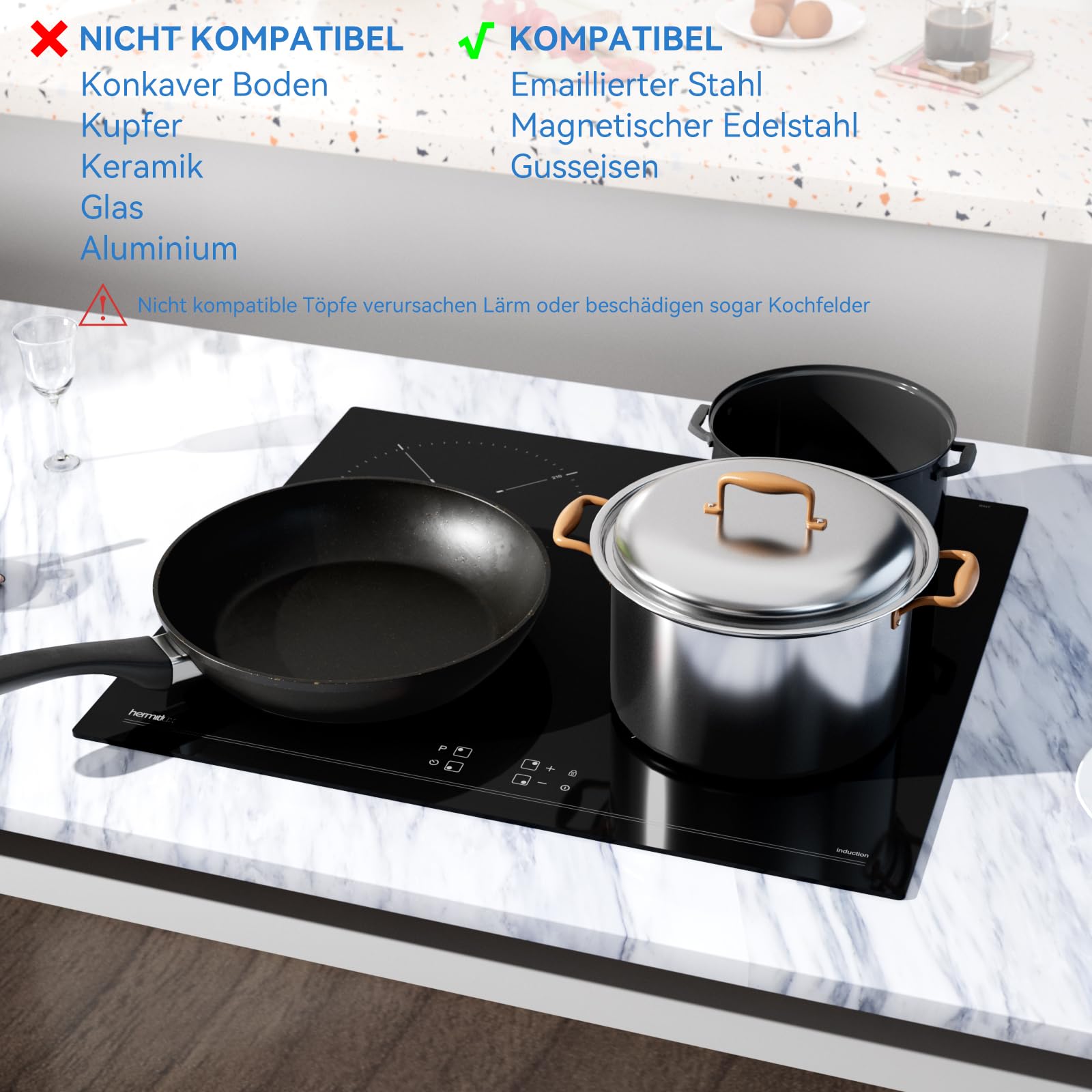 Hermitlux Induktionskochfeld 60cm 4 Zonen mit Booster 7200W Touch-Bedienung Kindersicherung Timer