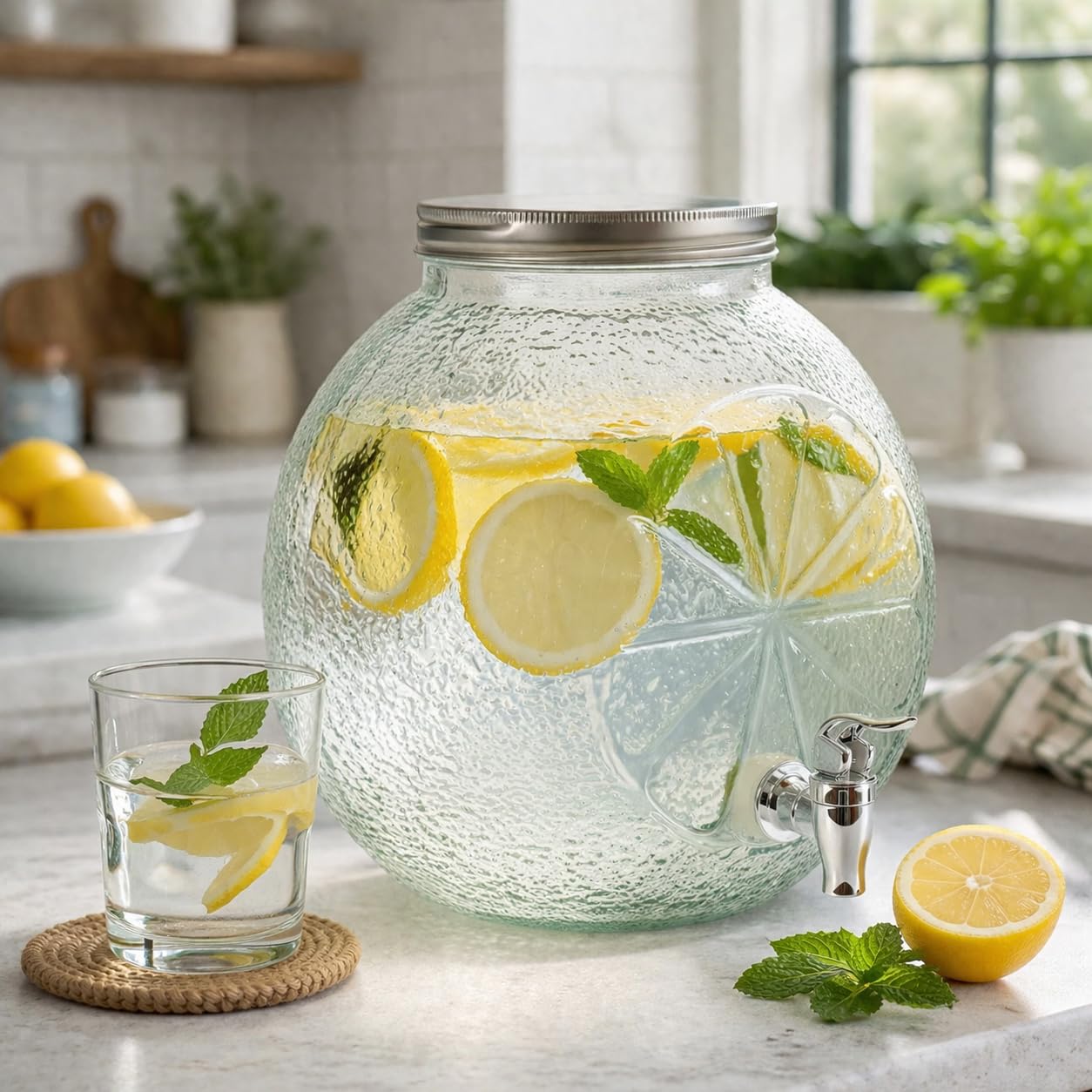 Dispenser Bevande in Vetro 5L con Rubinetto e Tappo Acciaio – Barattolo Porta Bibite 25x25 cm per Acqua, Cocktail, Eventi, Feste, Catering – Design Elegante e Compatto