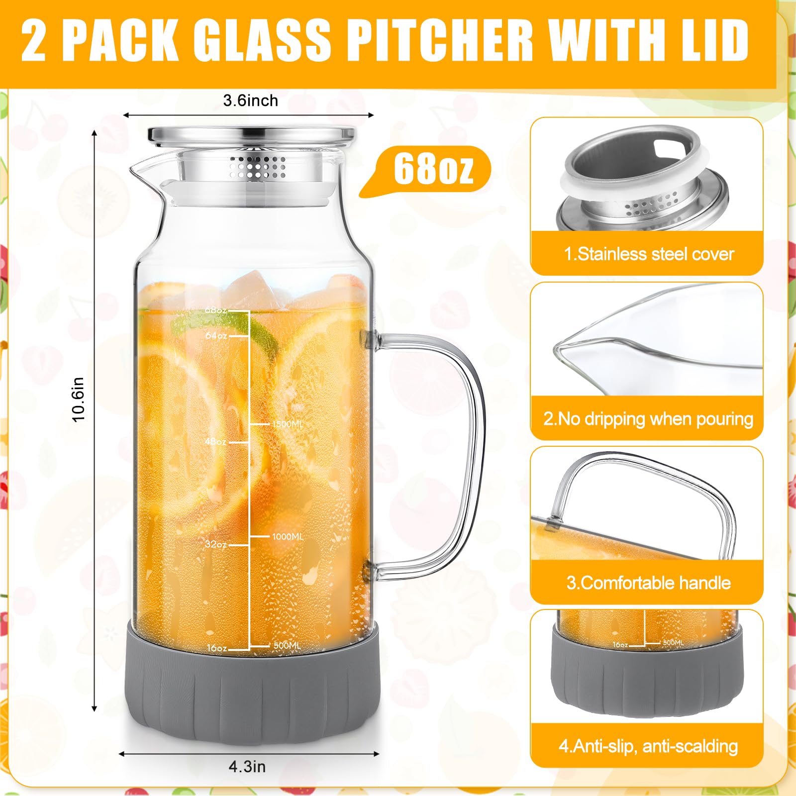 Honeydak Glaskrug mit Deckel, 2 Liter Wasserkrug mit Silikonboden, Ausguss und Griff, große Eisteekaraffe für Kühlschrank, rutschfester Glaswasserkrug für Getränke, Tee, Kaffee, Milch, Getränke, 2