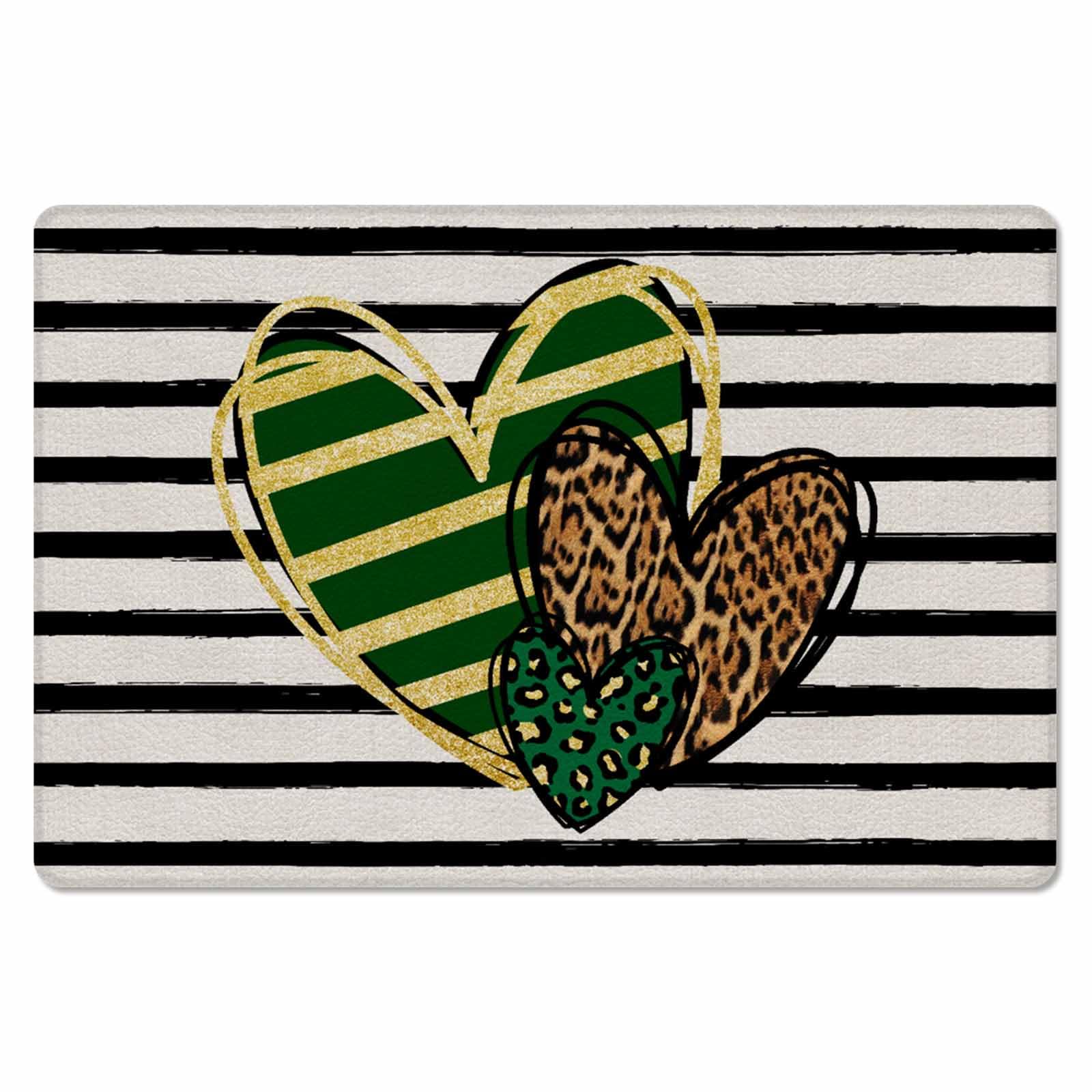 Golden Heart Kitchen Bath Door Mat Cushioned Runner Rug,Washable Welcome Floor Sink Antifatigue Mat,Waterproof & Non-Slip Comfort Standing Doormat,St. Patrick's Day Black Stripes Leopard Print 18