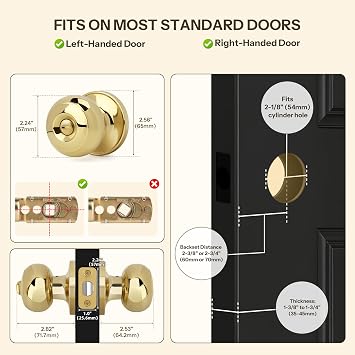 Flat Ball Door Knob with Lock, Keyless Privacy Round Design Doorknob for Bathrooms/Bedrooms, Polished Brass Finish