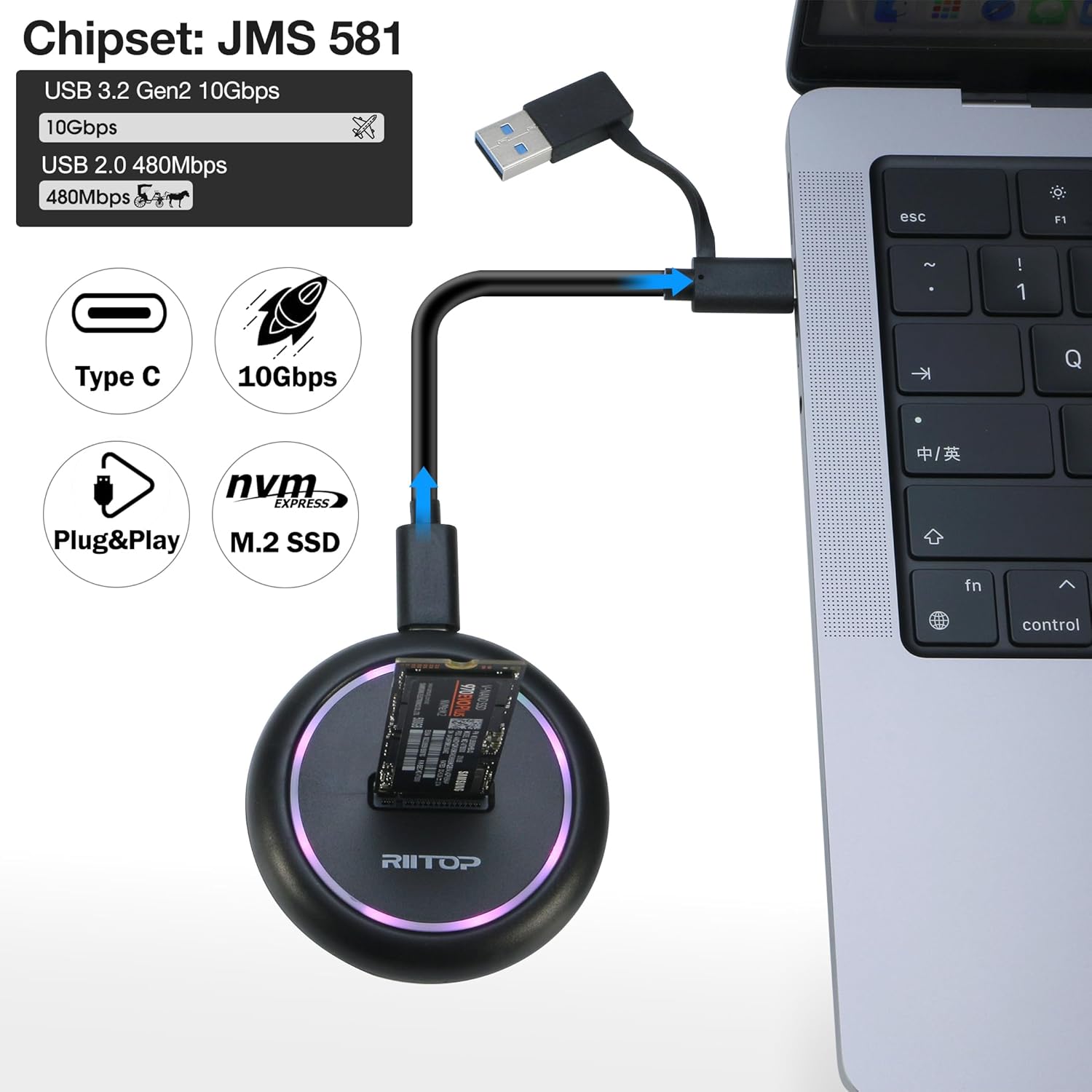 NVMe to USB Docking Station with RGB+ 40Gbps NVMe to USB Docking Station