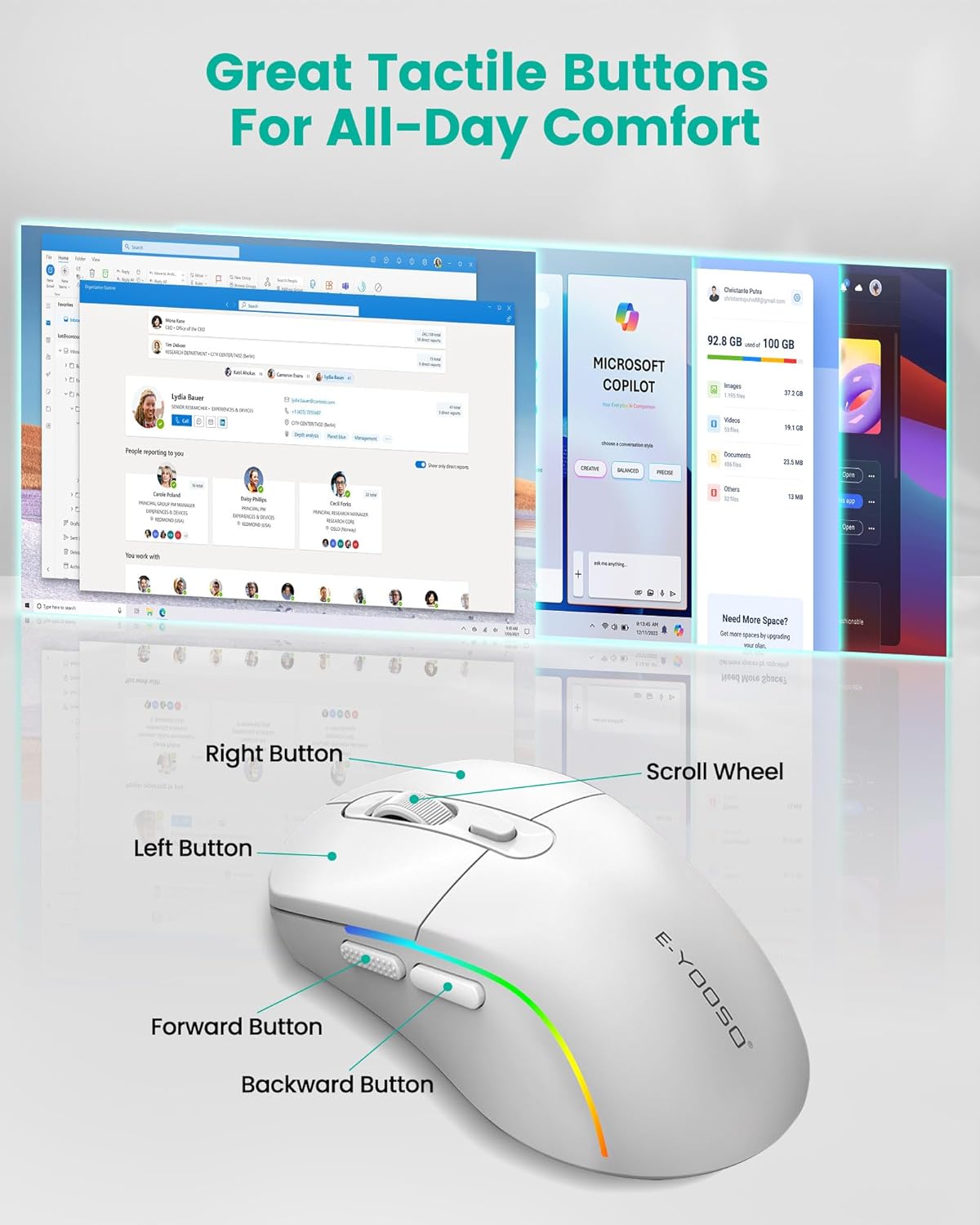 Wireless Bluetooth Mouse Rechargeable with RGB Backlit M22, Comfortable Office Mice for Computer Laptop with Adjustable DPI and Polling Rate, Bluetooth/2.4G/USB-C Wired Connection