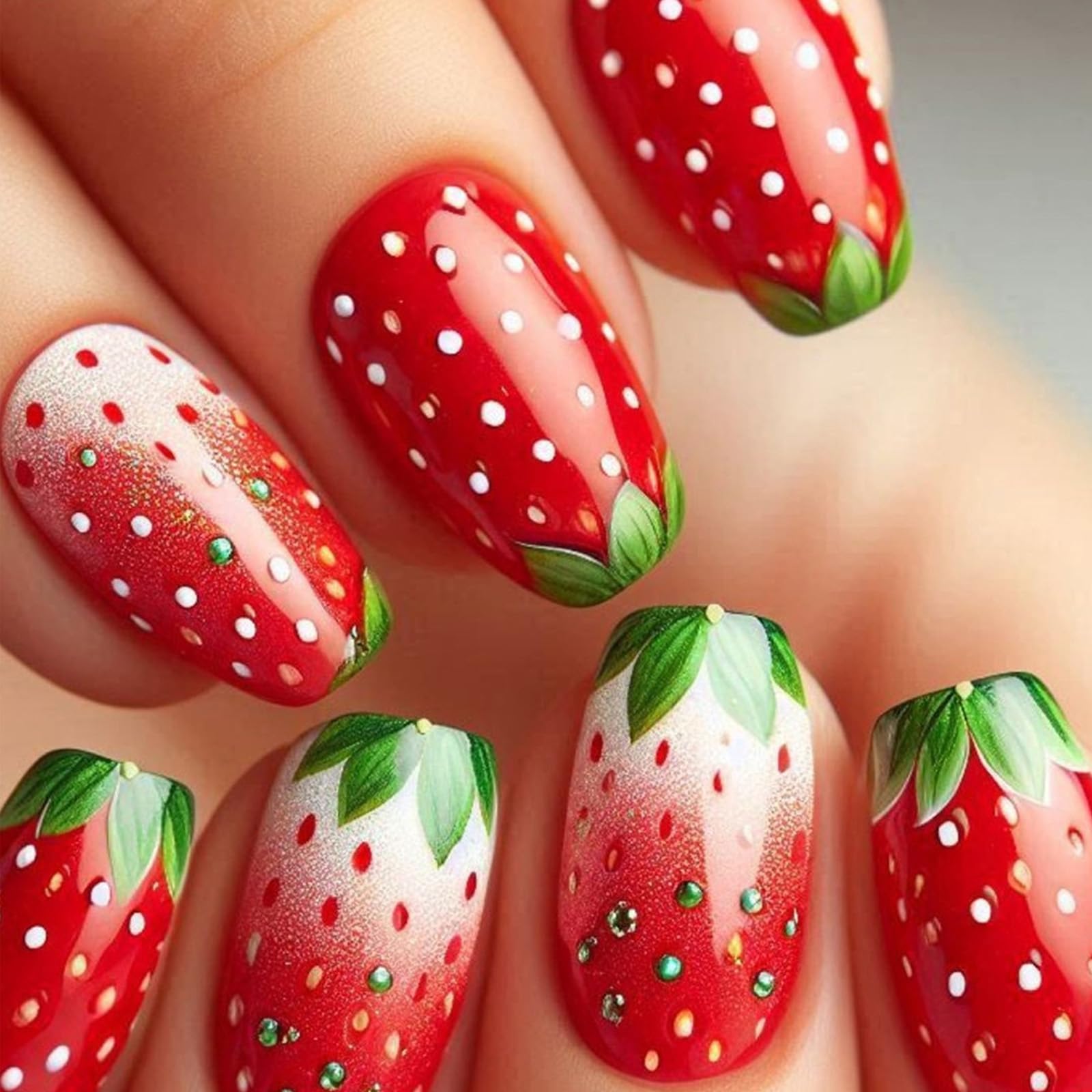 30Pcs Strawberry Press on Nails Short Square Fake Nails Red Gradient False Nails Strawberry Leaf French Tip Nails Summer Cute Glue on Nails Full Cover