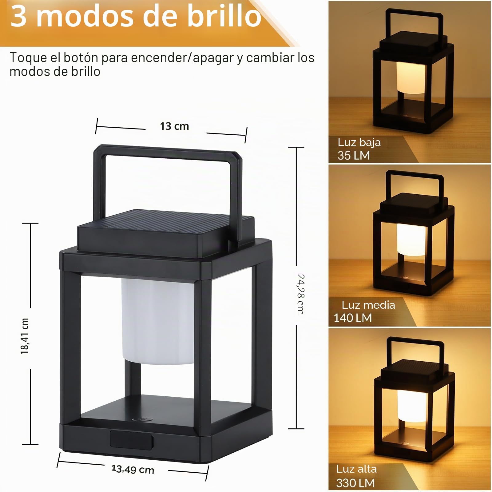 Lámpara de mesa para exteriores, linterna solar, 3 niveles de brillo LED, 4800 mAh, recargable, portátil, impermeable, control táctil, luz nocturna para patio, dormitorio, lectura, caminata