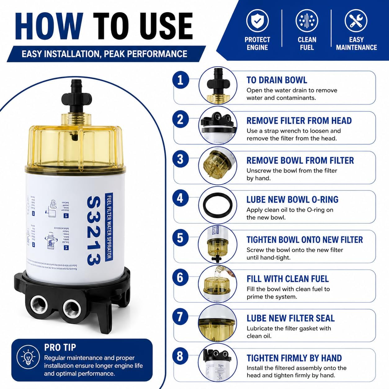 S3213 Fuel Water Separator Filter for Yamaha Mercury Outboard | Includes bowl and fittings, 3/8" barb and 1/4" NPT fittings, Replaces 18-7932-1, 18-7919, Fits marine outboard fuel systems